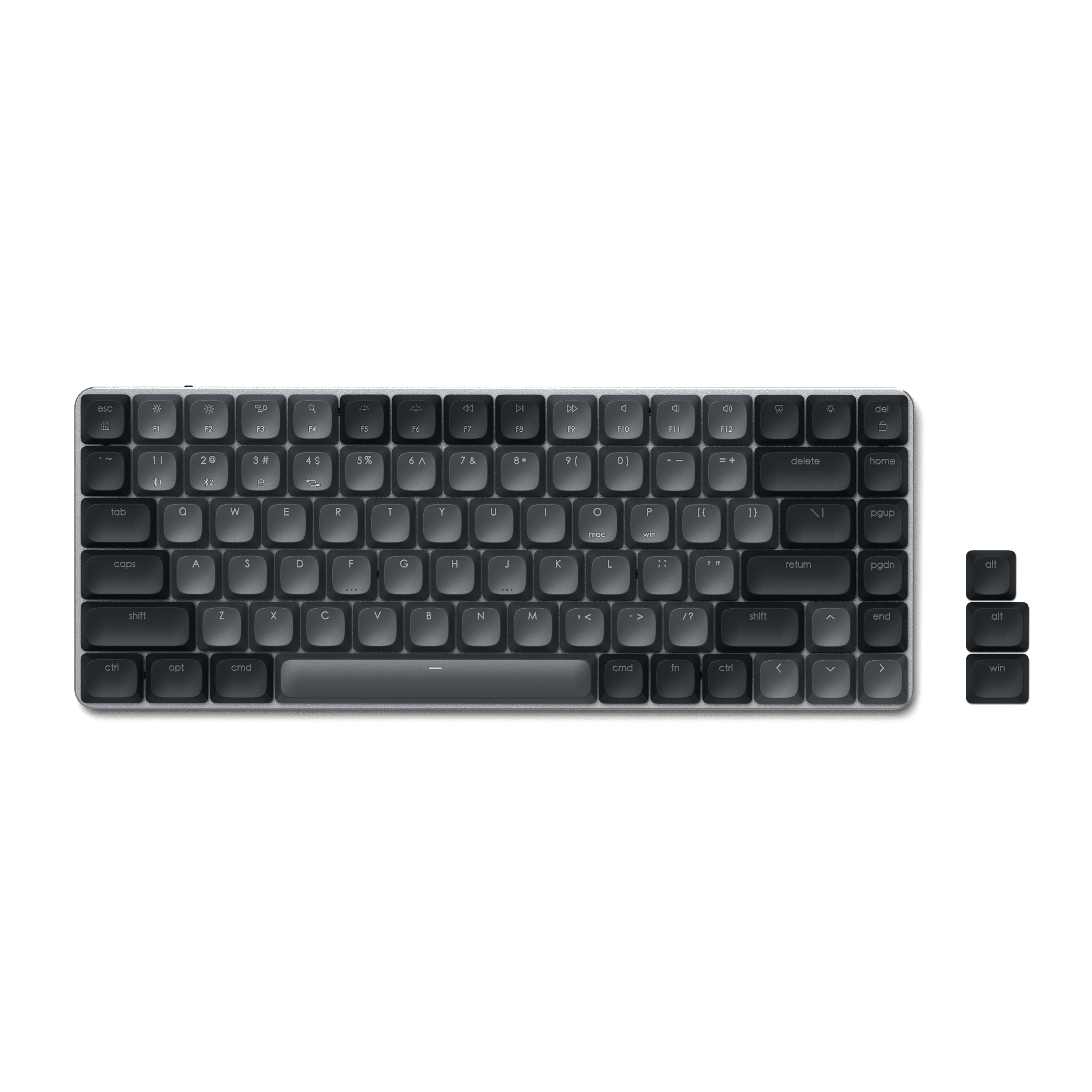 Schwarze Tastatur mit weißen Tasten, weißer Hintergrund.