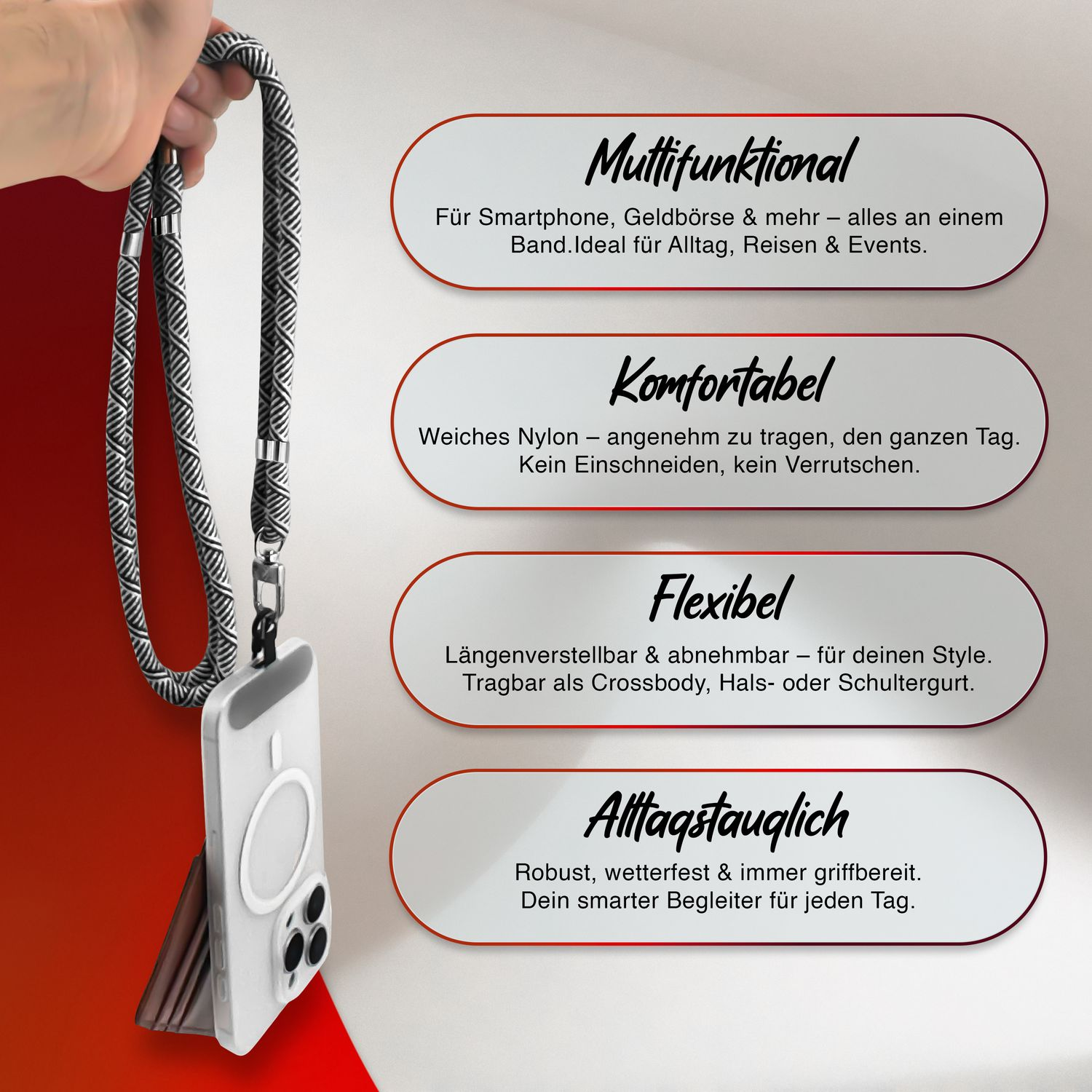 Eine Person hält ein schwarz-weißes Telefon-Lanyard mit Telefon und Geldbörse, mit Texten.