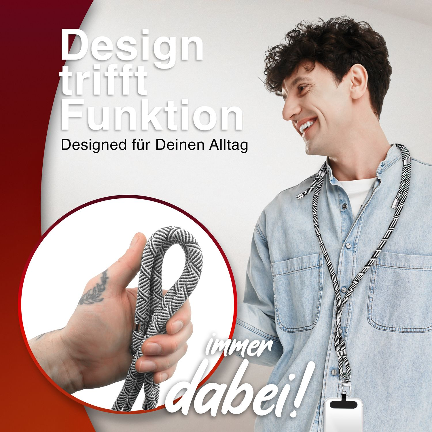 Mann hält einen schwarz-weißen Telefonriemen. Text: Design trifft Funktion, für den Alltag entworfen.