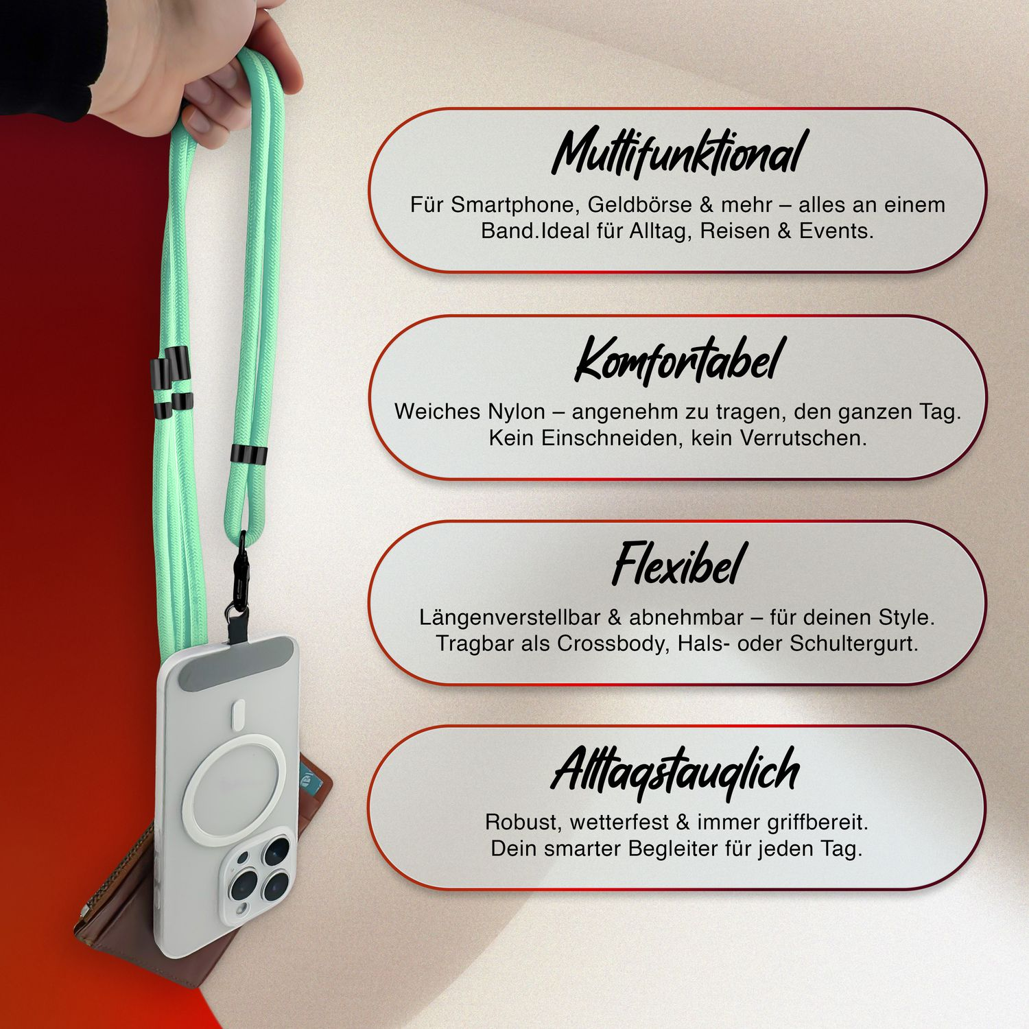 Grünes Handyband mit Text zu Funktionen wie multifunktional, komfortabel, flexibel und für den Alltag.