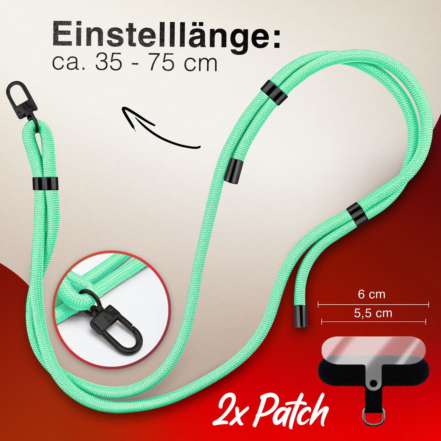 Grünes Handyband mit schwarzen Clips und Maßen. Das Band ist für Telefone und andere Geräte.