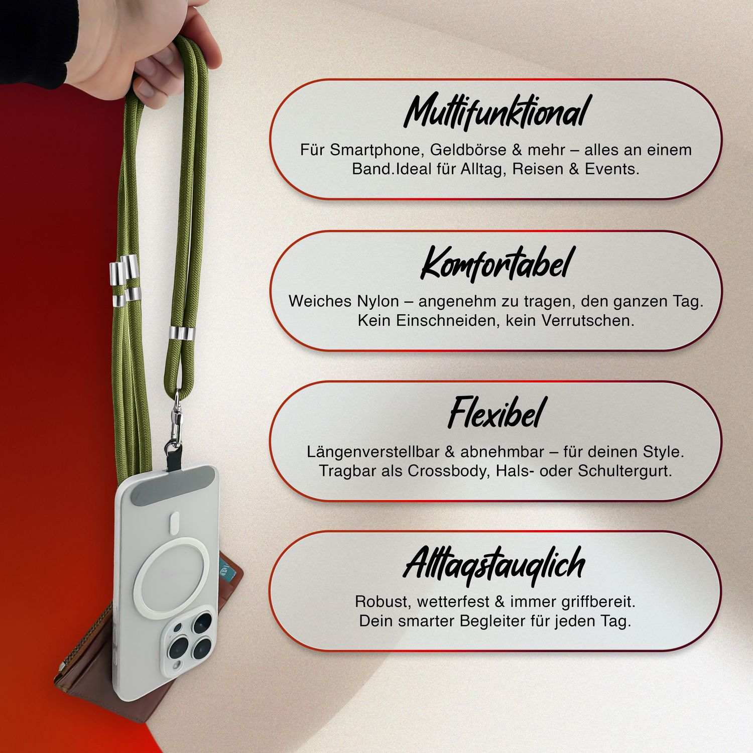 Ein Telefon-Lanyard mit Handyhülle und Text, der die Funktionen auf Deutsch hervorhebt.