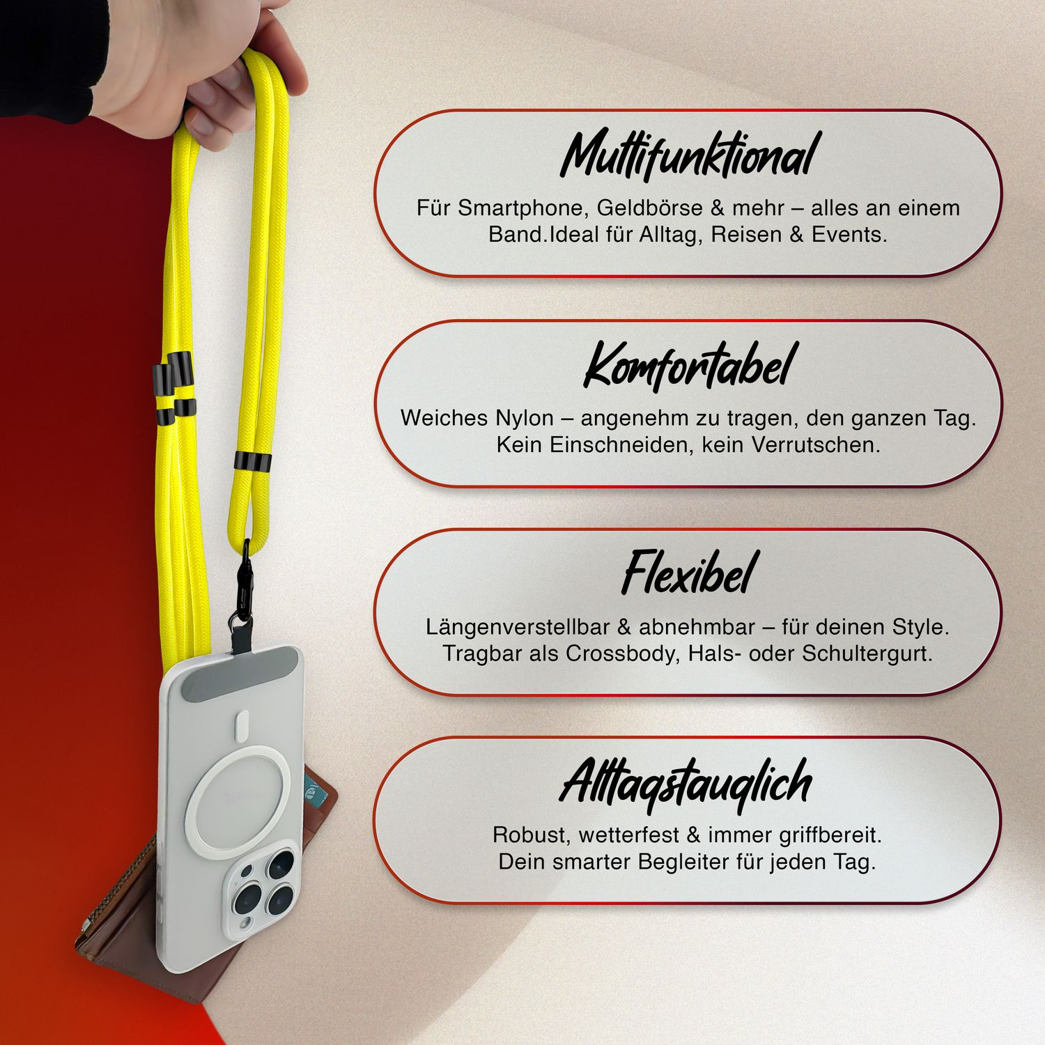Hand hält gelbes Lanyard mit Text über seine Eigenschaften.