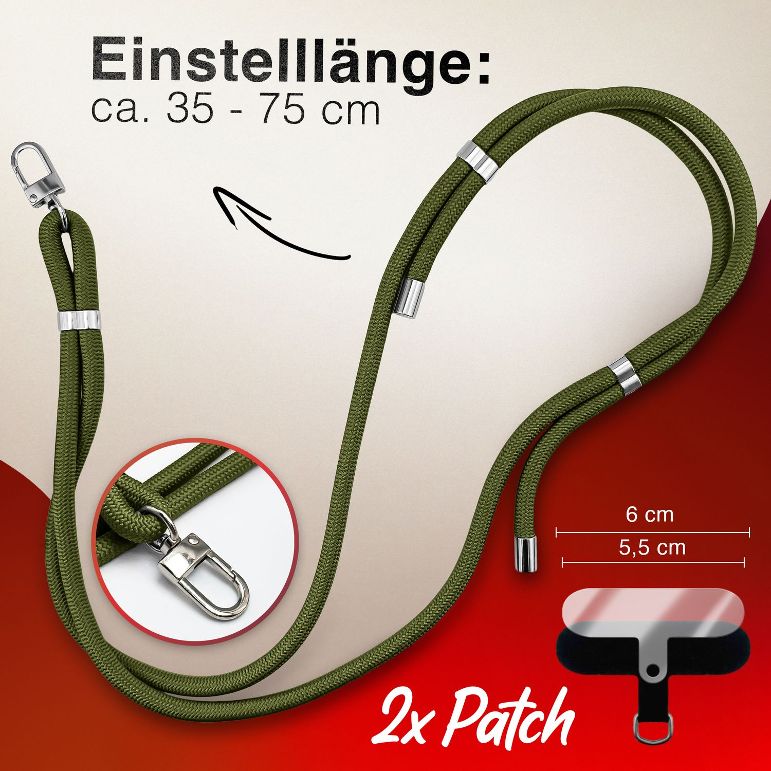 Grünes Handyband mit Maßen und 2x Patch. Pfeil zeigt verstellbare Länge an.