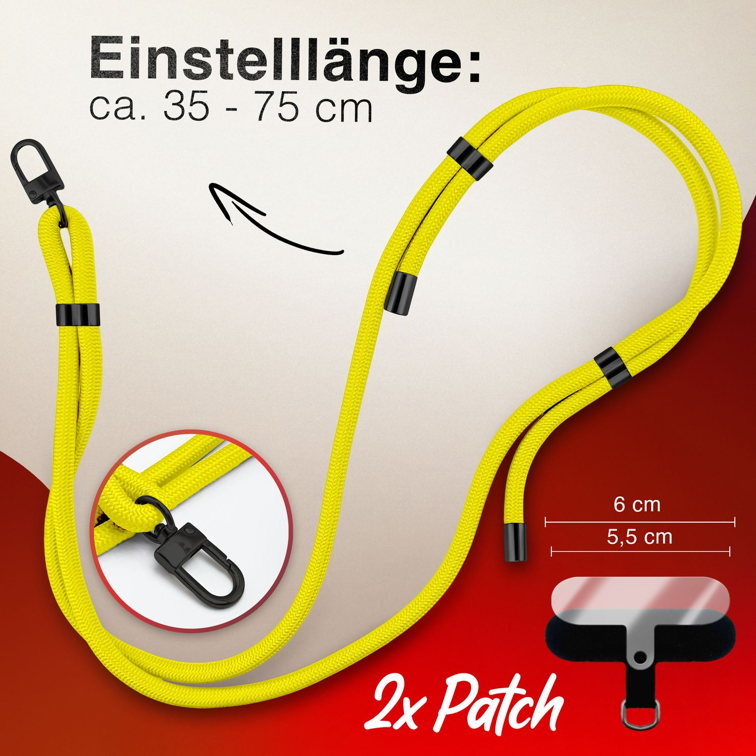 Gelbes Lanyard mit Maßen und einem Patch.