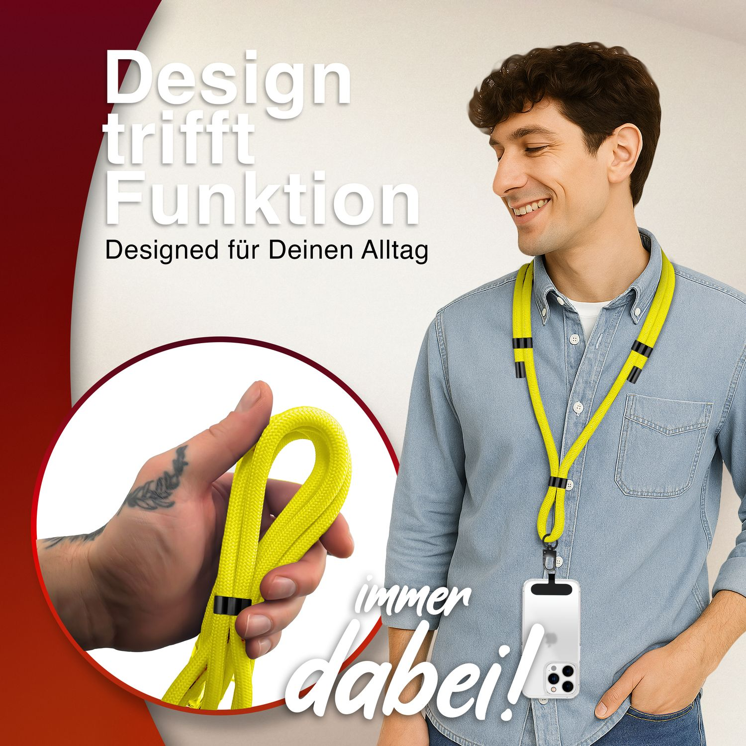 Mann lächelt, hält gelbes Schlüsselband mit Telefon. Text: Design trifft Funktion, immer dabei!