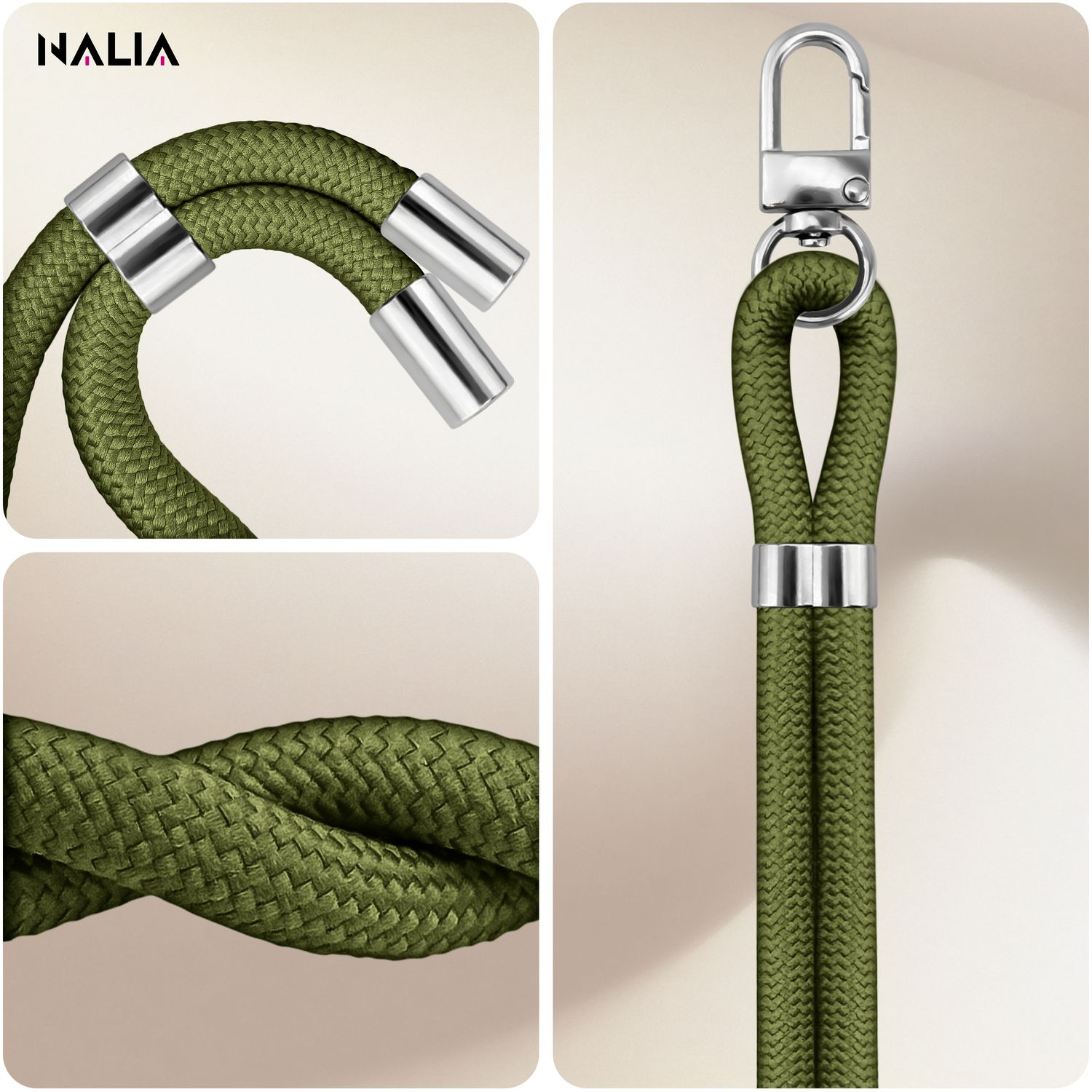 Nahaufnahmen eines grünen Telefon-Lanyards mit silbernen Details.