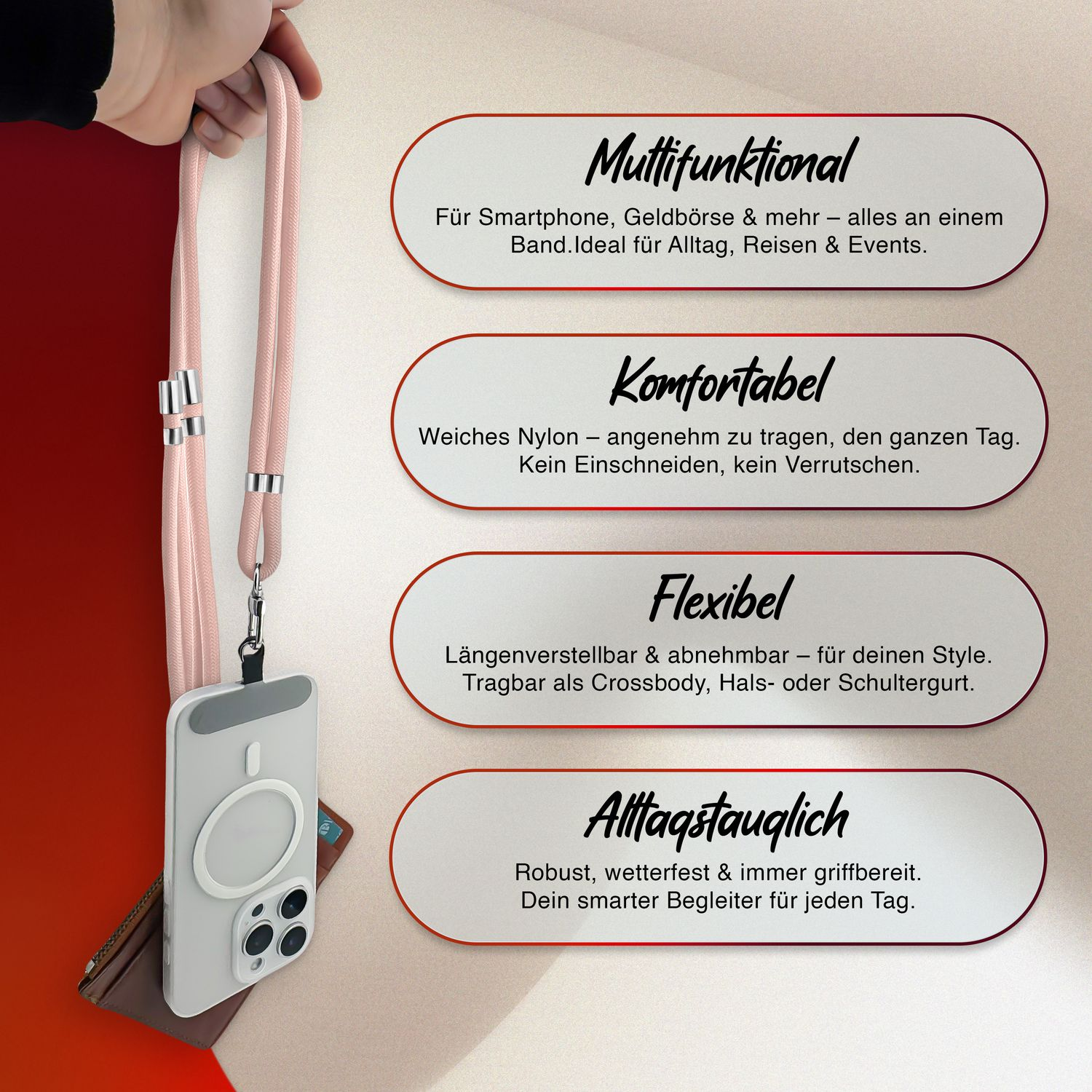 Ein pinkfarbenes Telefonband mit deutschem Text, der Funktionen wie Multifunktionalität beschreibt.