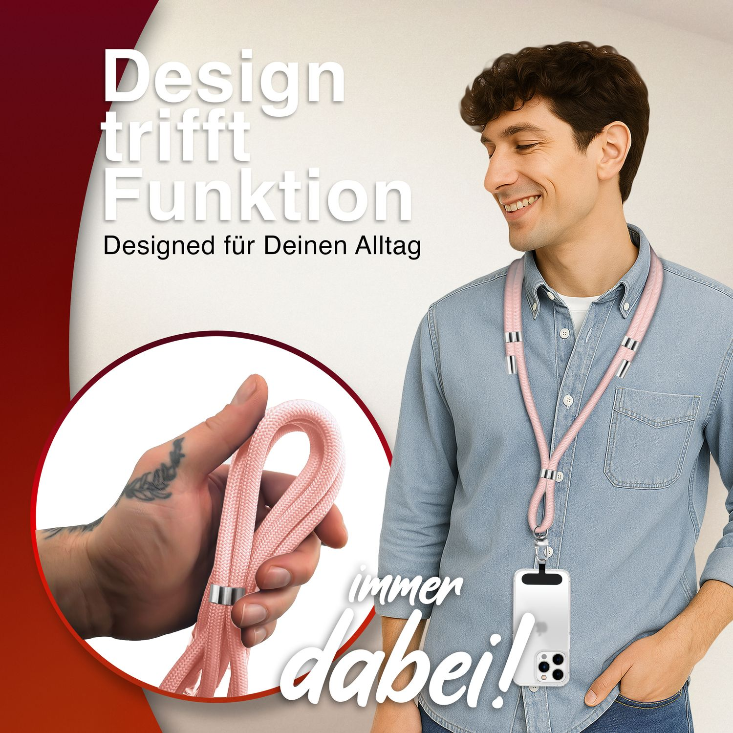 Mann hält pinkfarbenes Telefonband. Text im Hintergrund: Design trifft Funktion.
