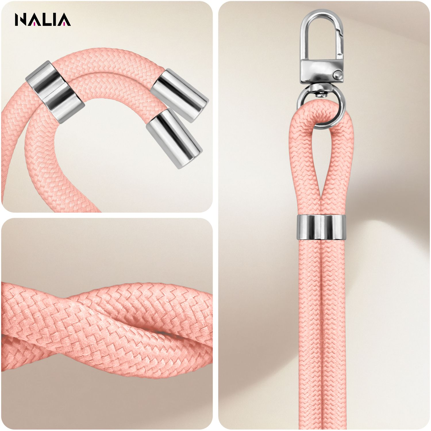 Nahaufnahme eines rosa Schlüsselbands mit Metallakzenten. Mehrere Ansichten von Kordel und Befestigung.