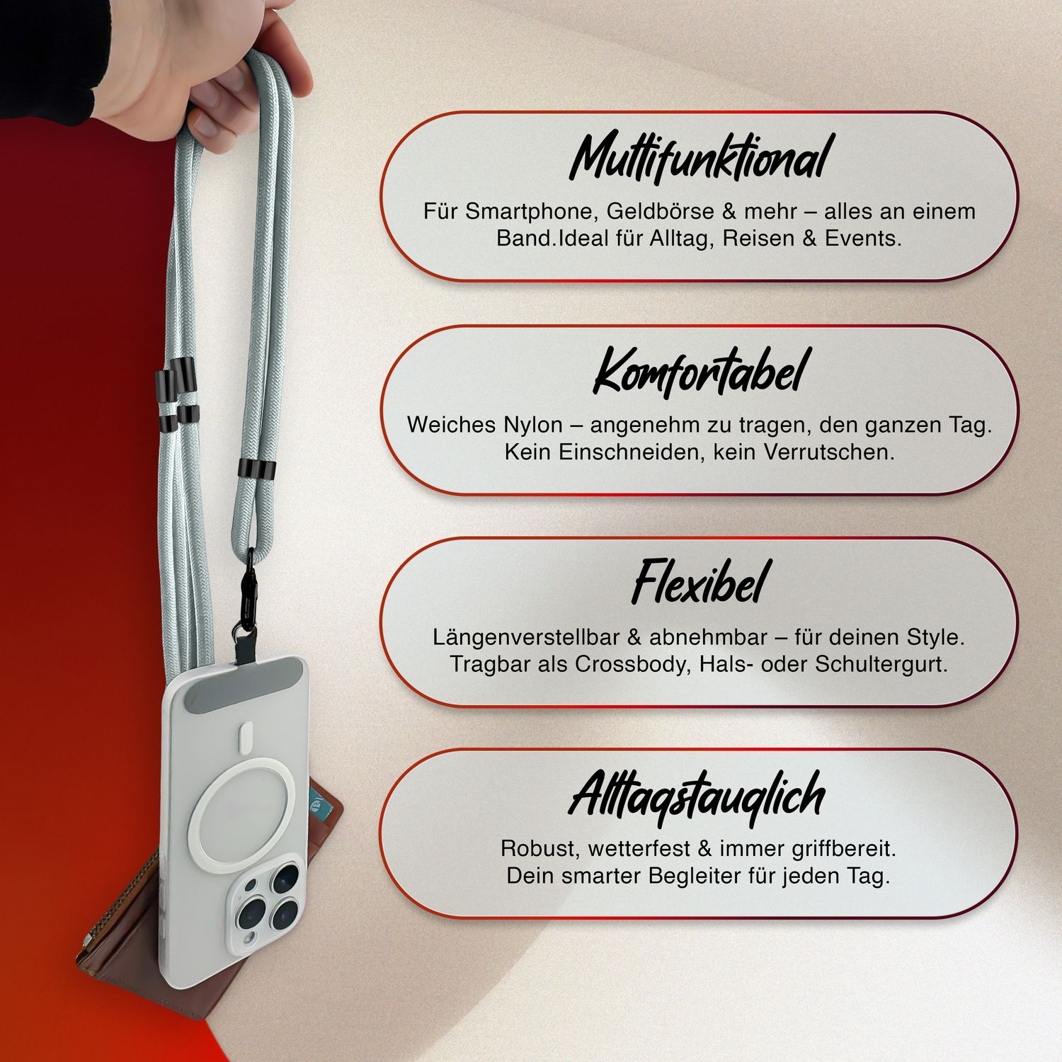Telefon-Lanyard mit Telefon und Geldbörse. Text auf Deutsch über Funktionen sichtbar.