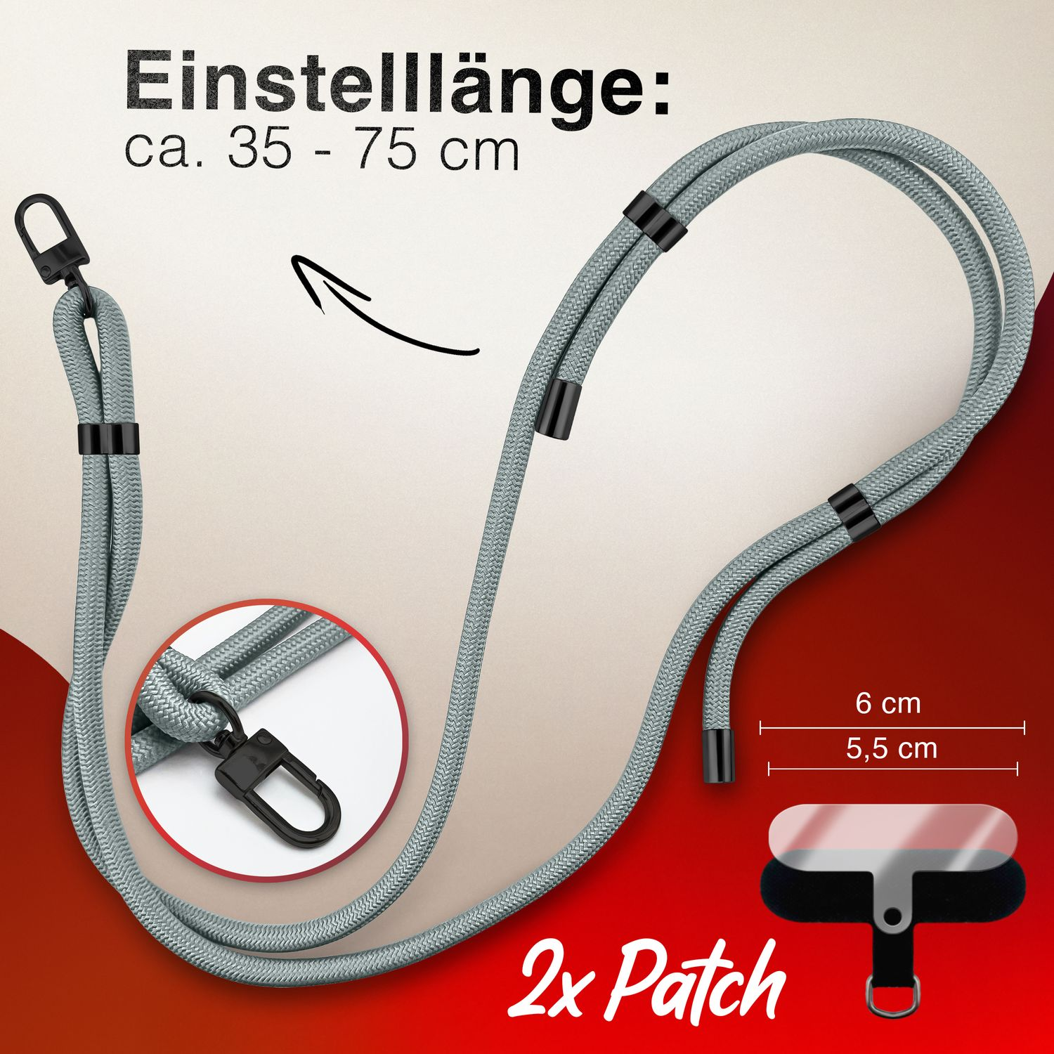 Nahaufnahme eines grauen Telefonbandes. Ein schwarzer Haken und ein Patch sind sichtbar.