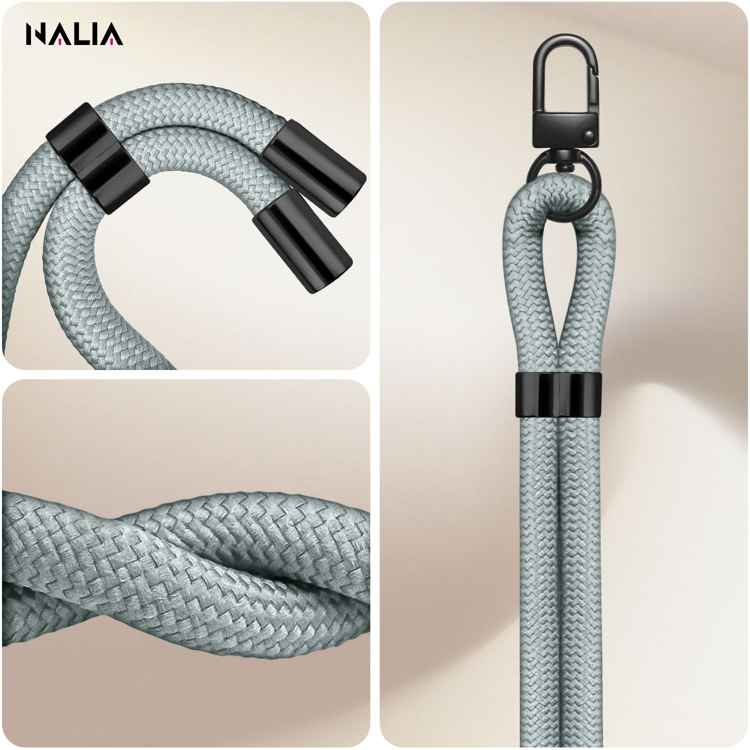 Nahaufnahmen eines hellgrauen Telefon-Lanyards mit Details des geflochtenen Kordels und des Verschlusses.