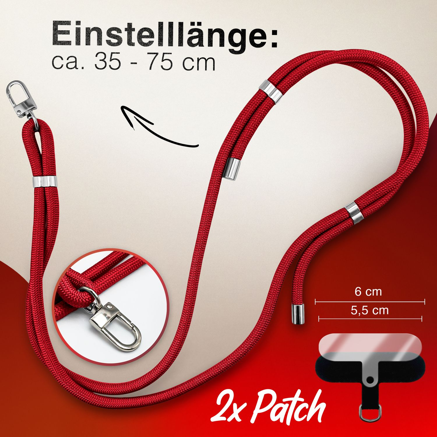 Rotes Handyband mit Maßen und 2x Patch. Pfeil zeigt verstellbare Länge an.