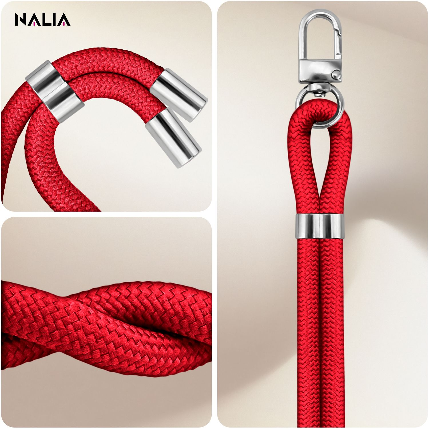 Nahaufnahmen eines roten Telefon-Lanyards, die Details des geflochtenen Kordels und des Verschlusses zeigen.