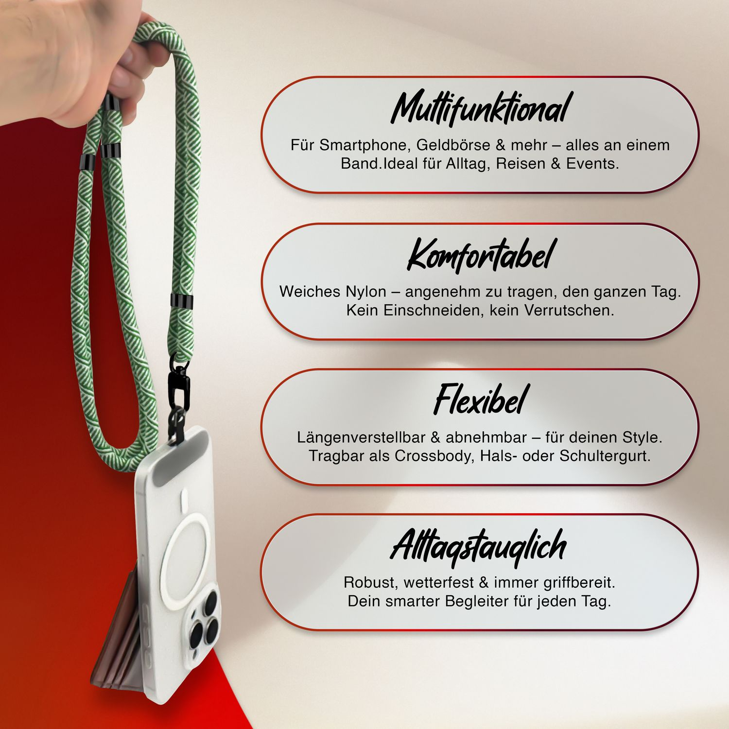 Bild eines grünen Telefon-Lanyards mit detailliertem Text über seine Eigenschaften, einschließlich Multifunktionalität.