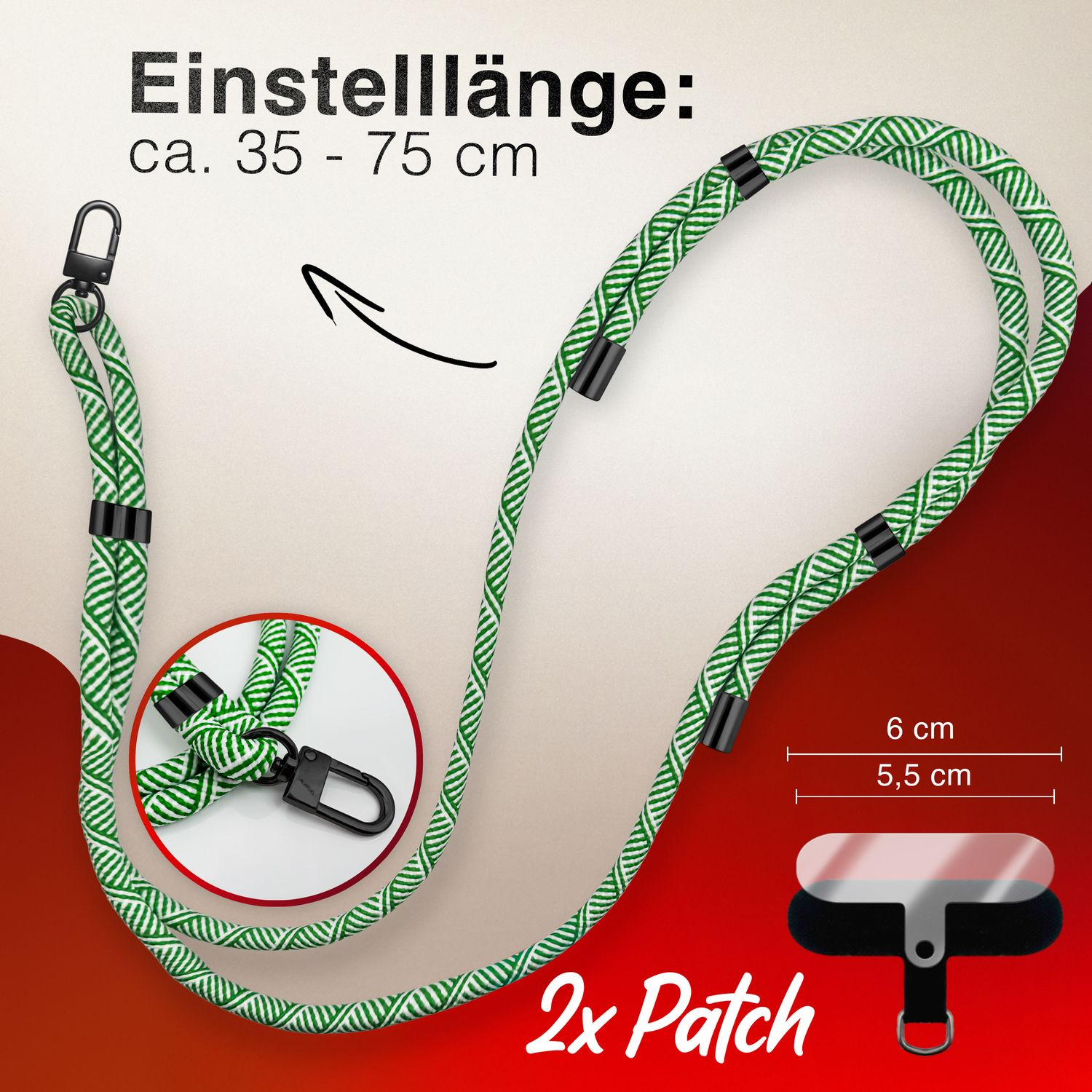 Grün-weißes Handyband mit verstellbarer Länge, schwarzen Clips und 2 Patches.