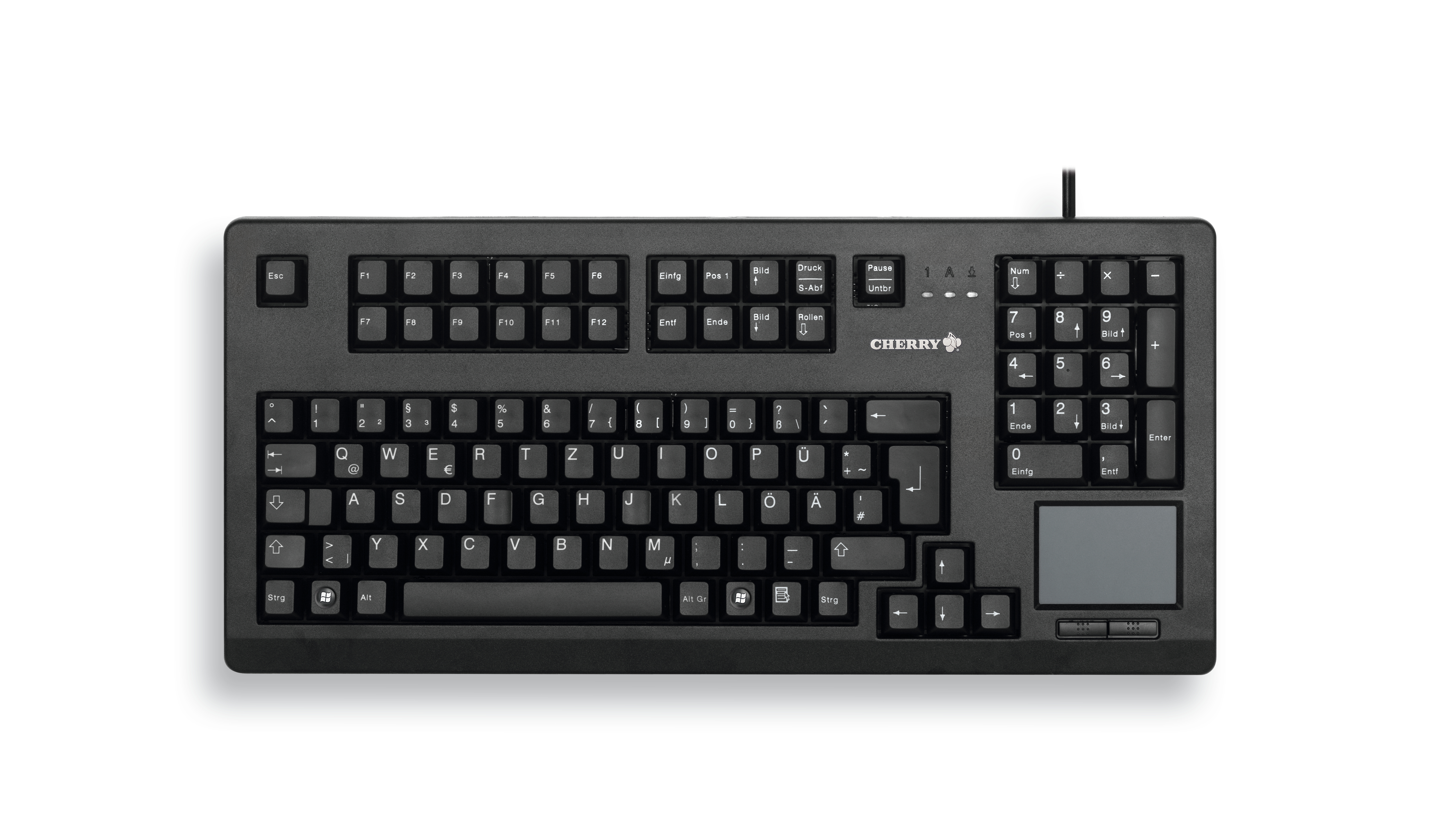 Tastiera Cherry nera con tastierino numerico e touchpad. Tasti bianchi e neri.