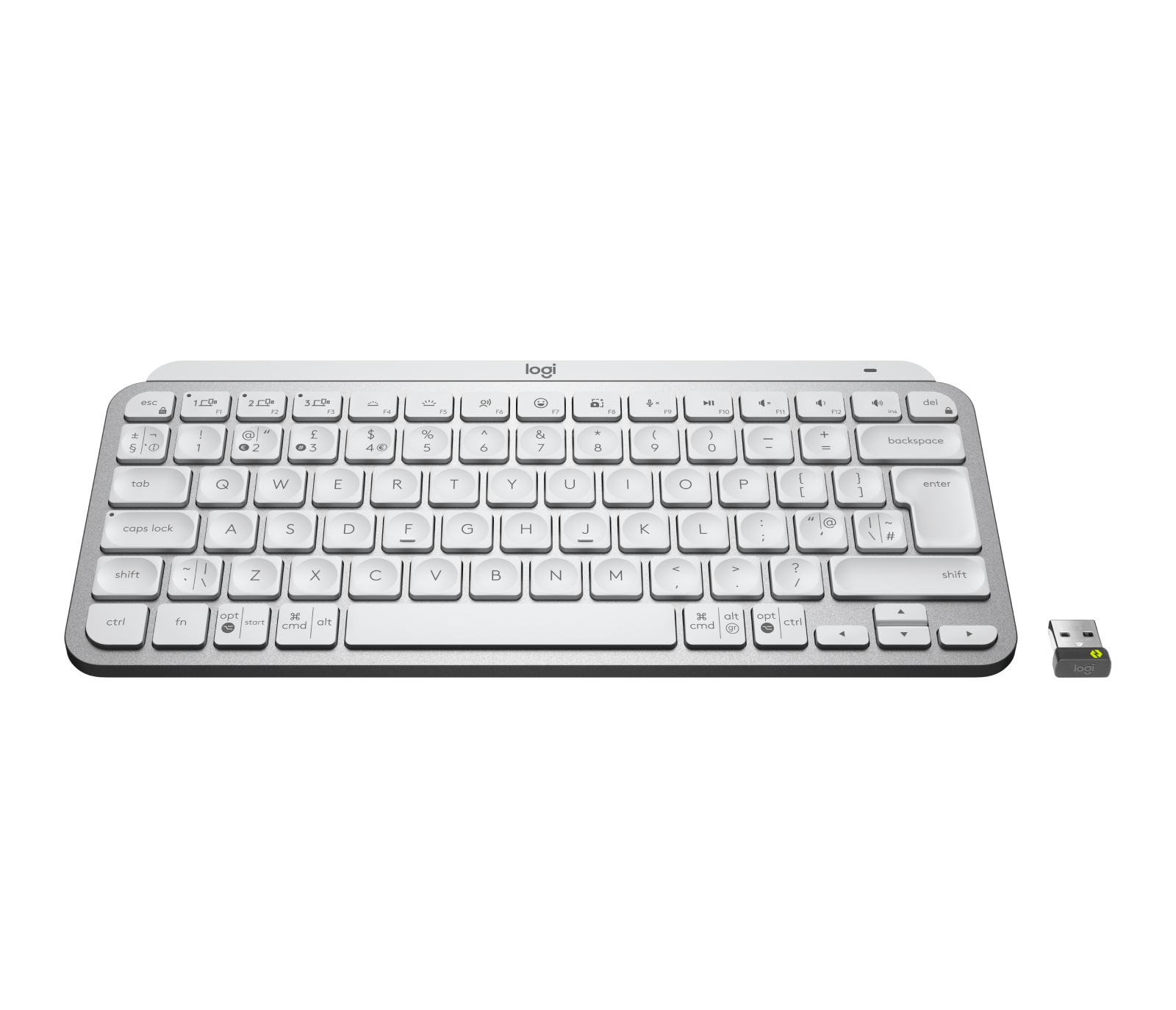 Srebrno-biała klawiatura z wieloma klawiszami i małym kluczem USB.