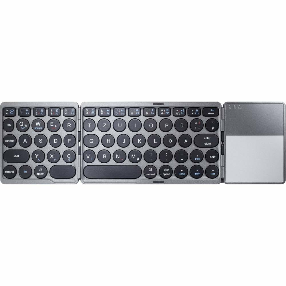 Tastiera pieghevole argentata. È aperta con i tasti visibili. Un trackpad è a destra.