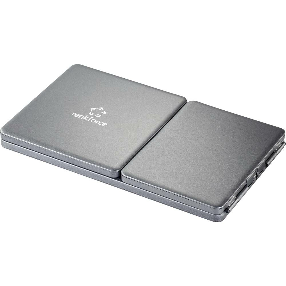 Un tablet grigio piegato con il marchio 'renkforce'.