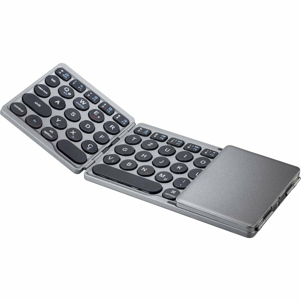 Una tastiera pieghevole argentata con tasti neri. La tastiera è aperta, mostrando i tasti e un touchpad.