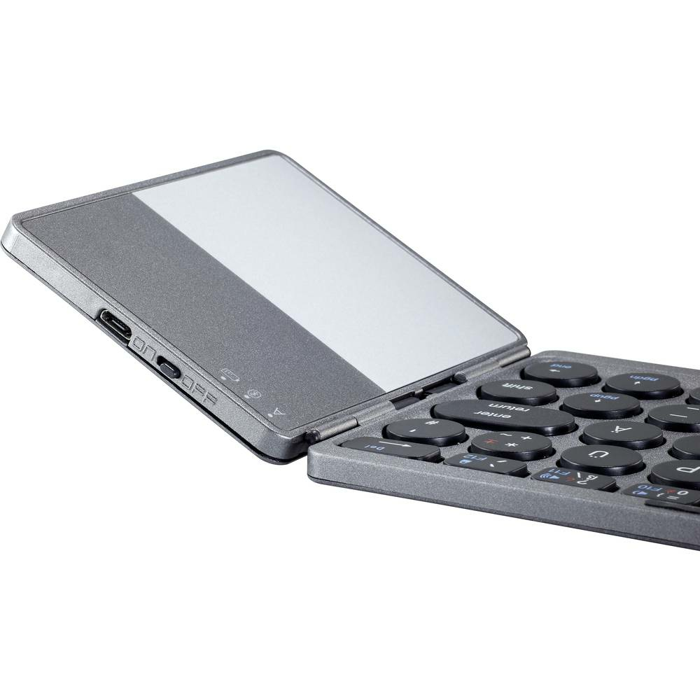 Una tastiera pieghevole con touchpad, parzialmente aperta, che mostra i tasti e l'area touchpad.
