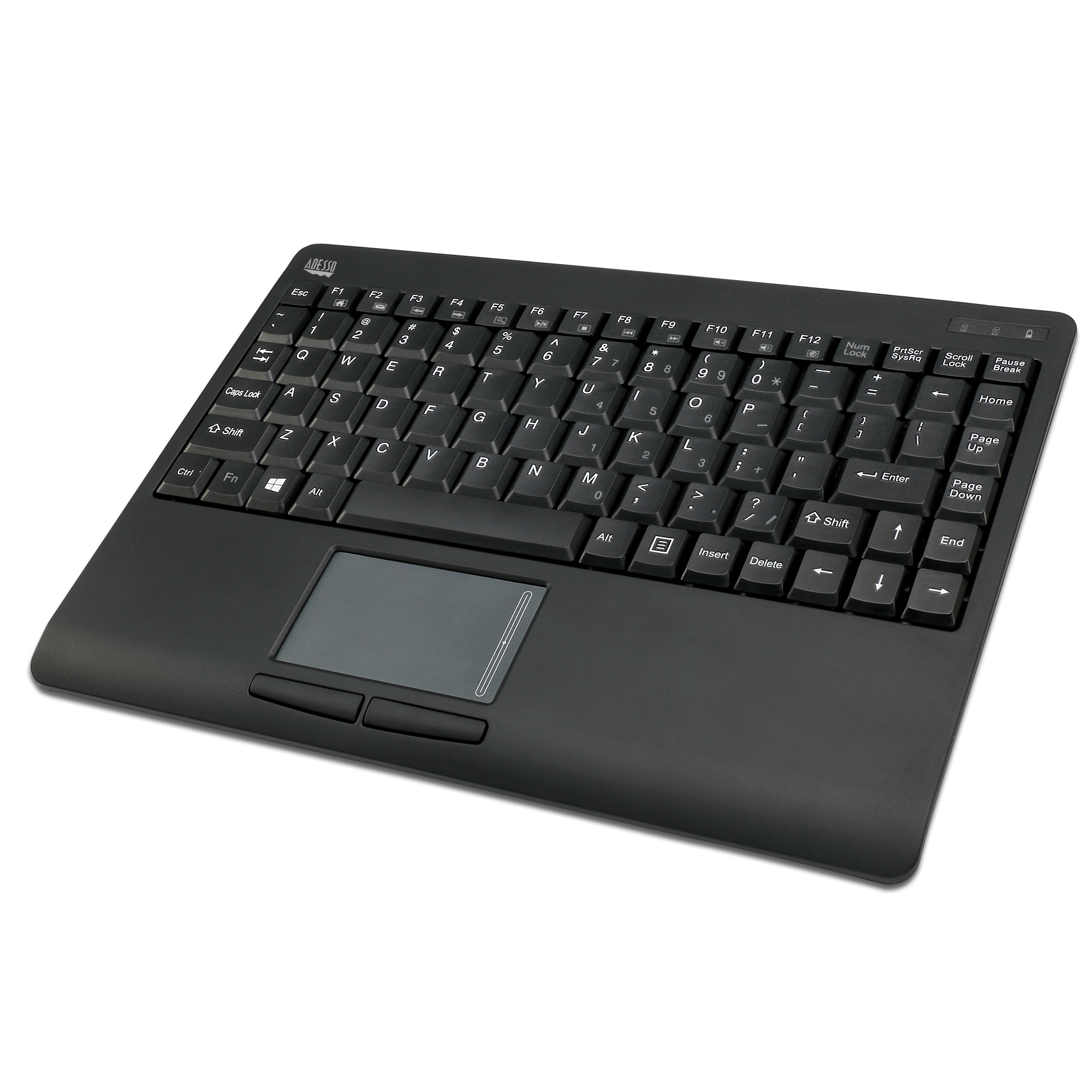 Een zwart toetsenbord met een touchpad en een volledige set toetsen.