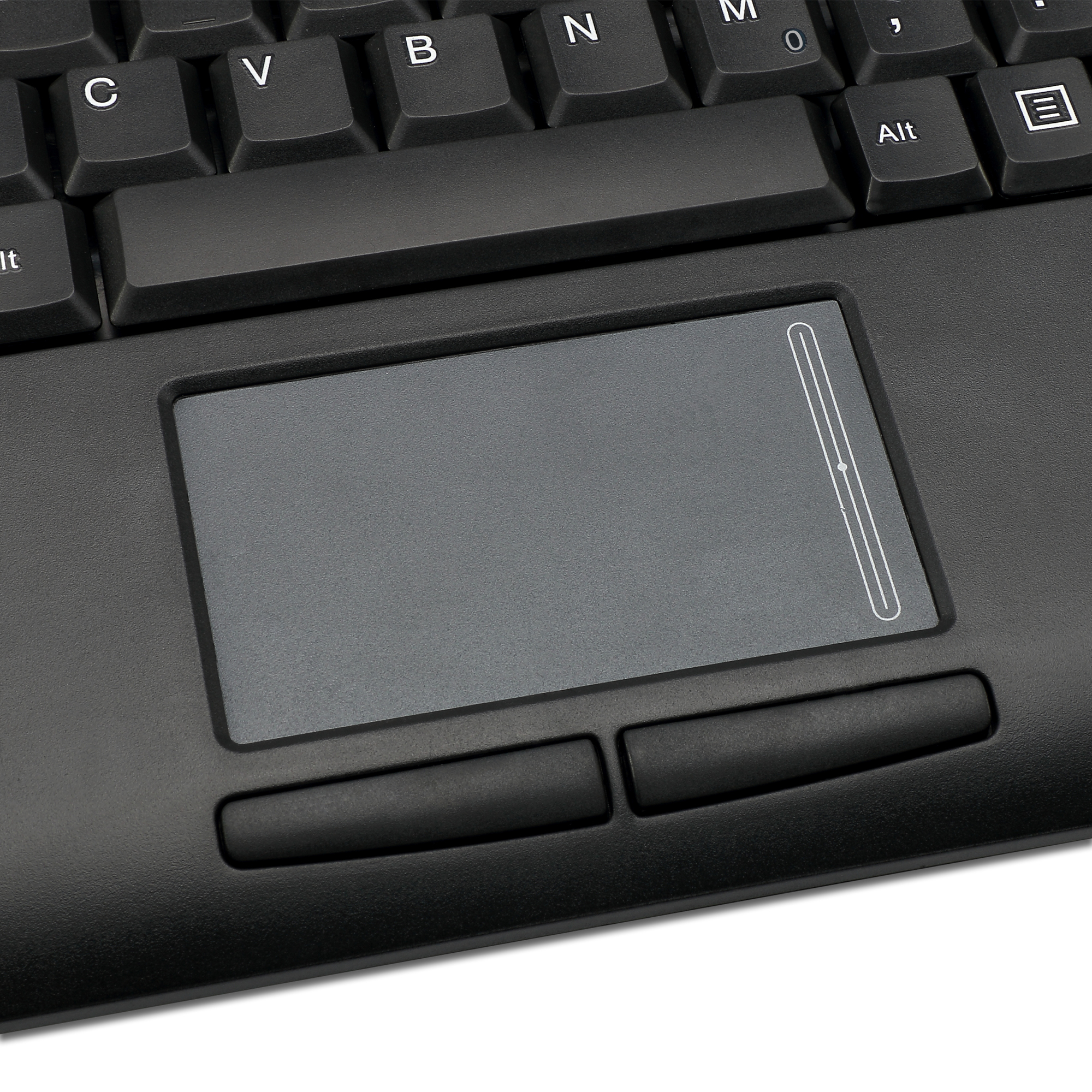 Close-up van een zwart toetsenbord met een touchpad en twee knoppen aan de onderkant.