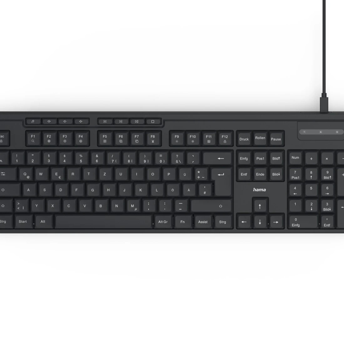 Czarna klawiatura z białymi klawiszami, czarnym kablem i białym tłem. Widok z bliska.