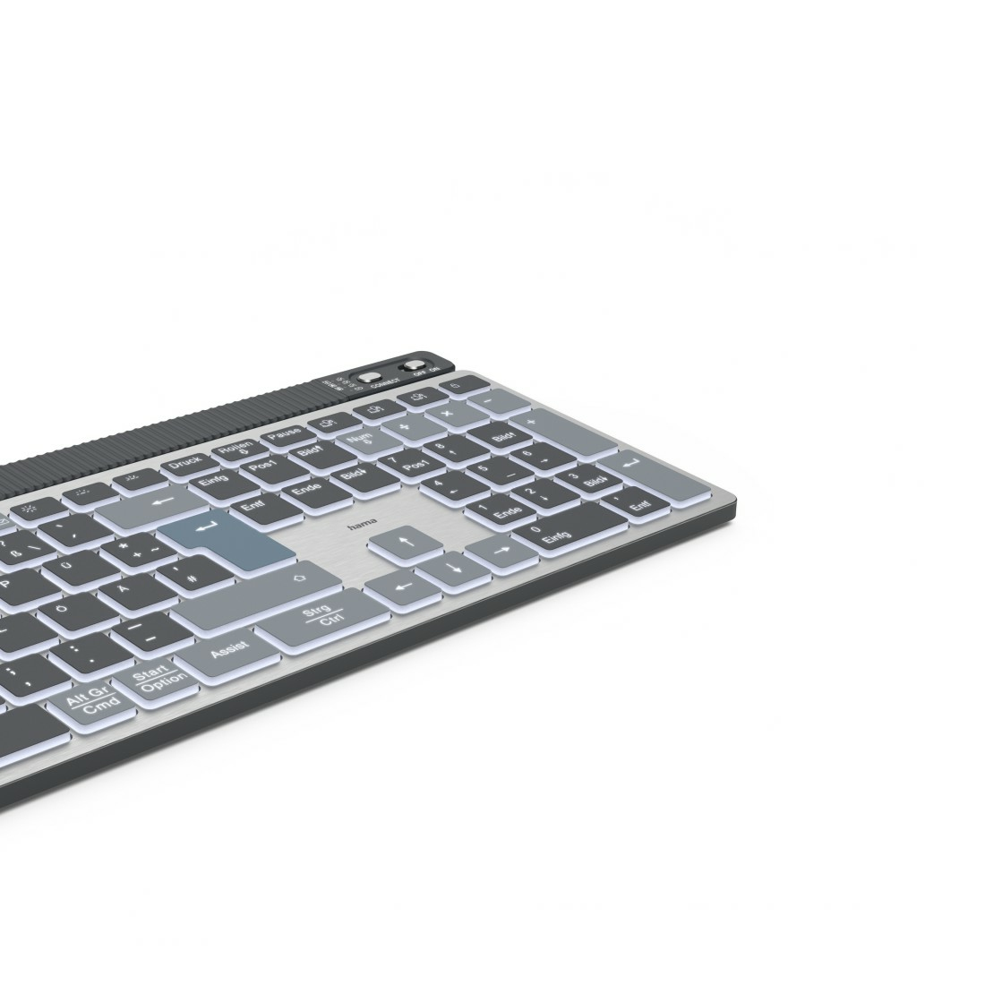 Detalle del teclado con teclas grises, sobre un fondo blanco, con vista parcial.