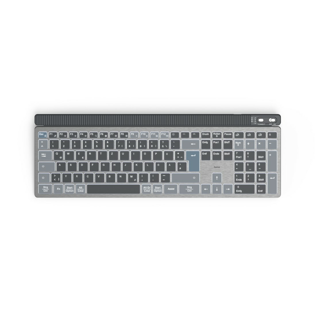 Vista superior de un teclado con teclas grises y teclas de función, fondo blanco.