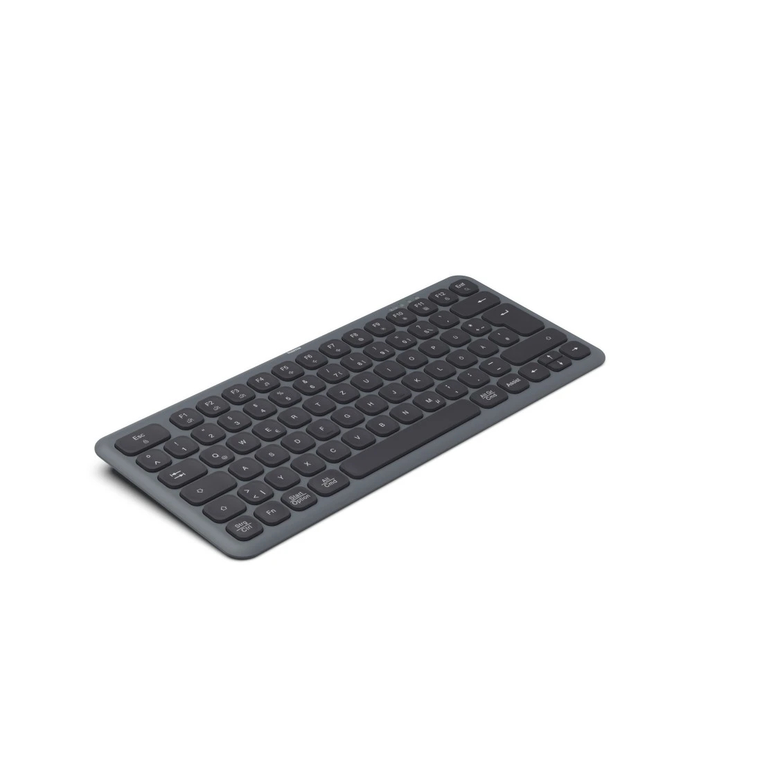 Teclado gris, diseño compacto, teclas visibles, sobre fondo blanco.