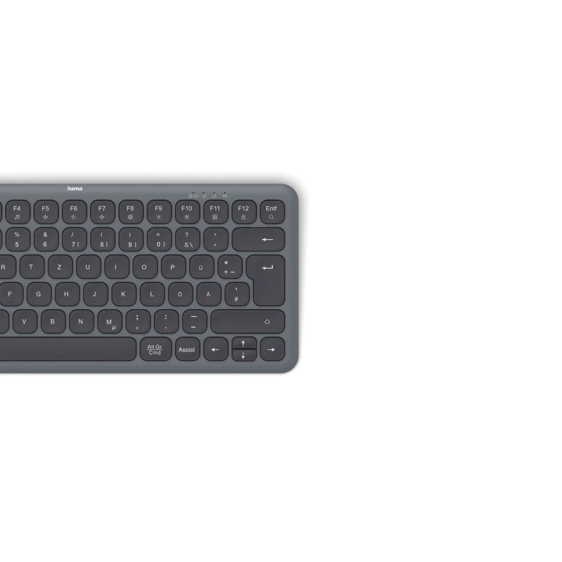 Teclado gris con teclas negras sobre fondo blanco.