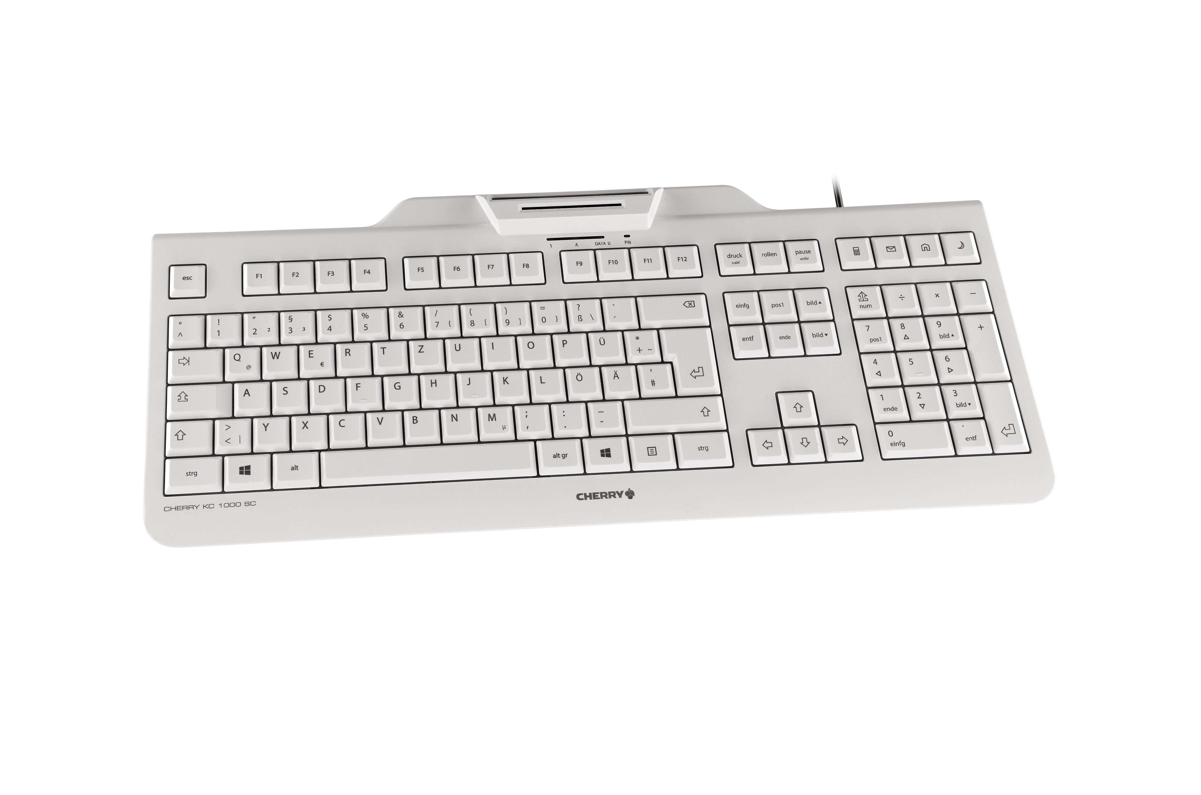 White Cherry keyboard on a white background. The keyboard has white keys and a white frame.
