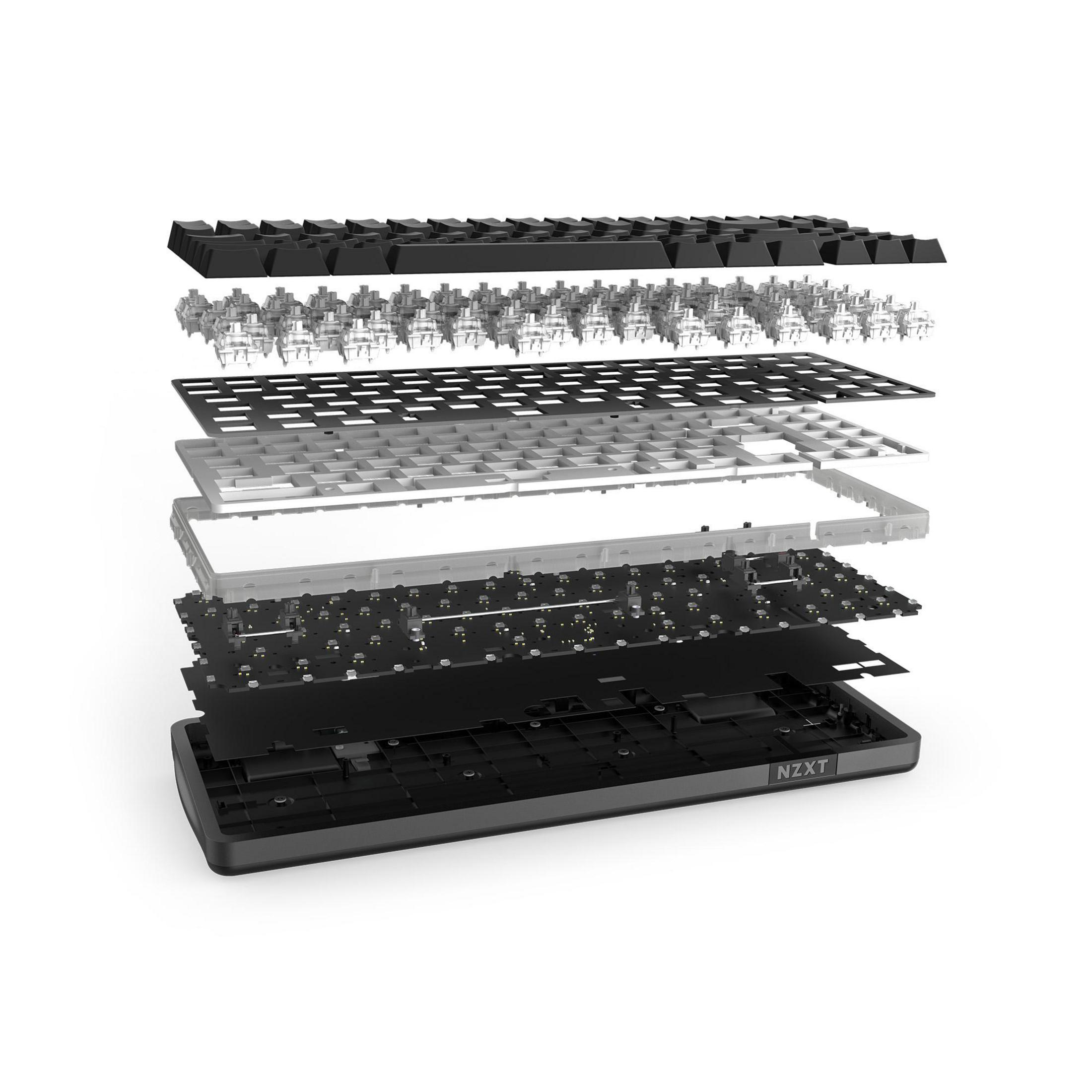 Explosionszeichnung einer schwarzen Tastatur, die ihre Schichten und Komponenten zeigt.