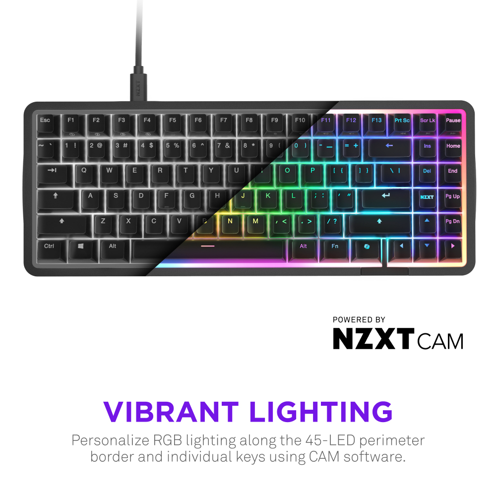 Schwarze Tastatur mit RGB-Beleuchtung und beschrifteten Tasten. Das Logo "NZXT CAM" befindet sich unten.