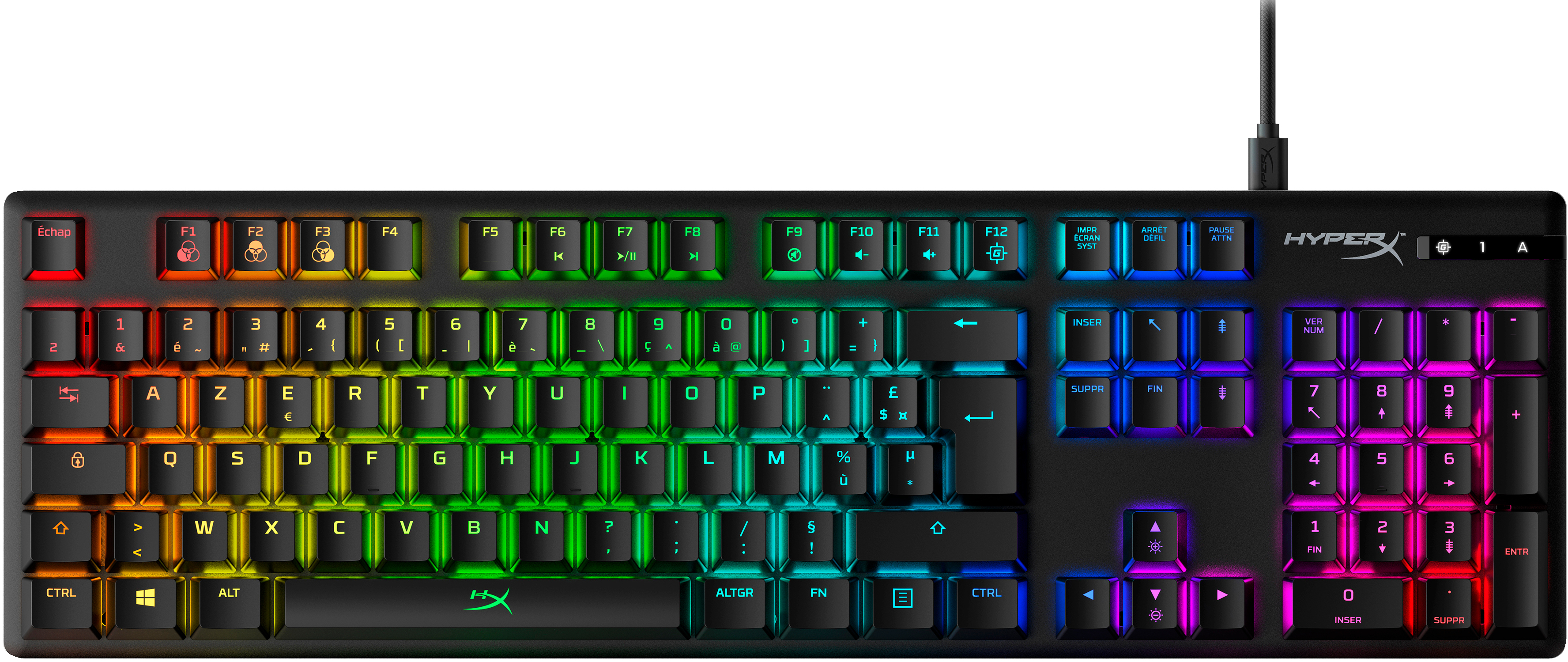 Czarna klawiatura HyperX z kolorowym podświetleniem klawiszy.