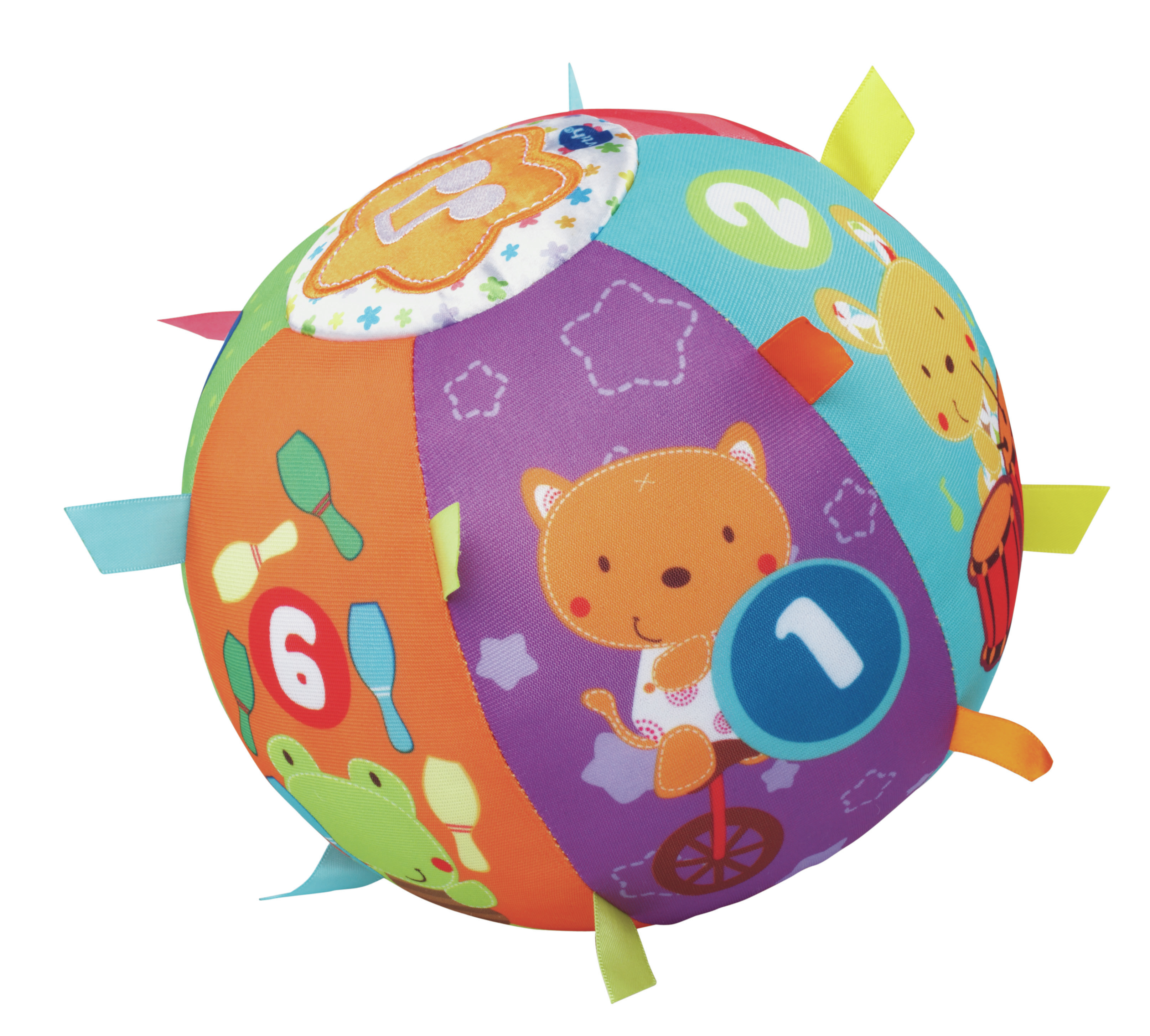 Kolorowa zabawka w kształcie piłki dla niemowląt. Zawiera różne kolory, kształty i zwierzęta.
