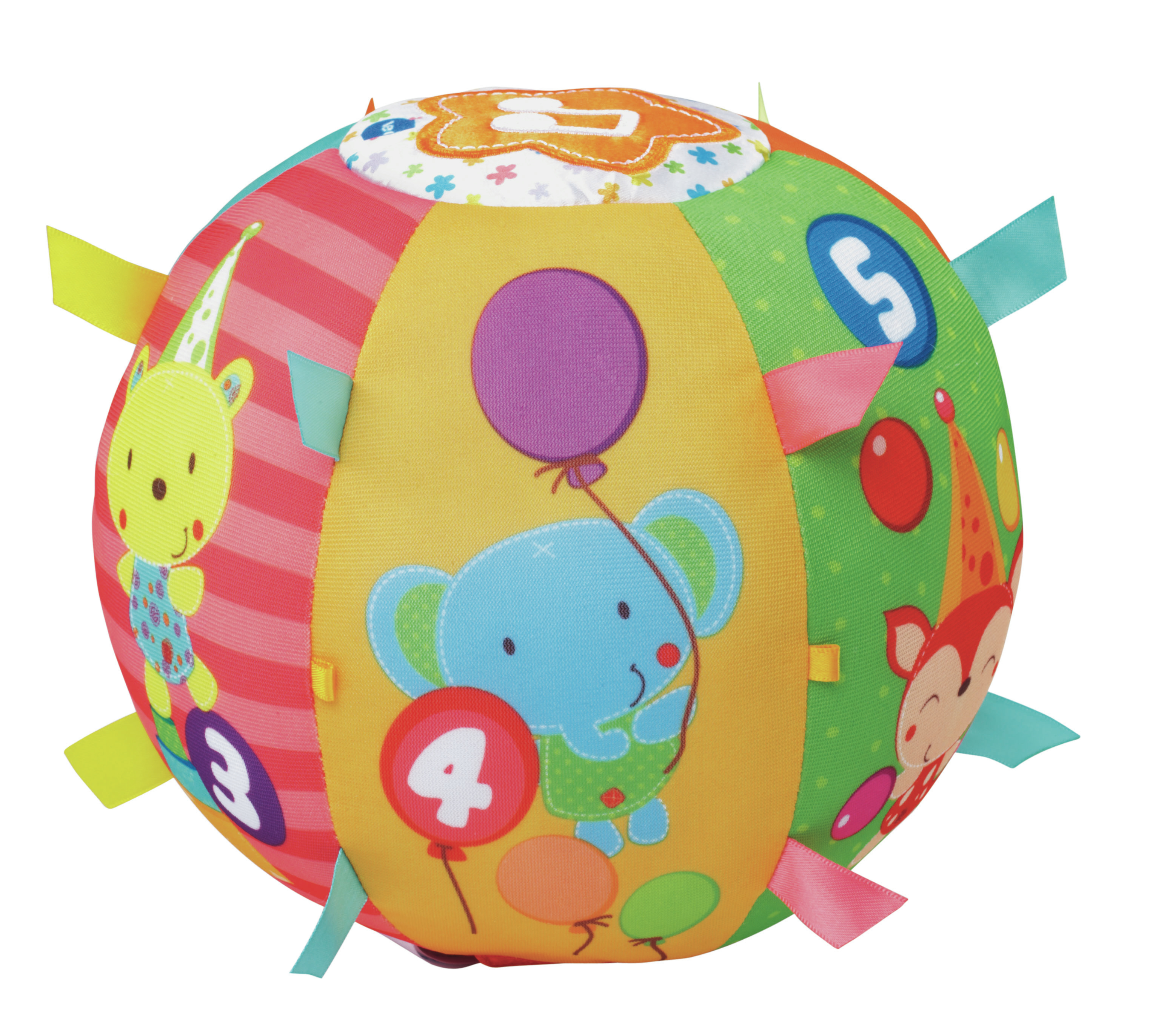 Kolorowa piłka do zabawy z numerami i zwierzętami z kreskówek. Ma różowe wstążki.