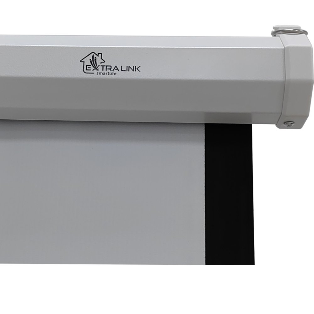 Biało-czarna obudowa ekranu projekcyjnego, z dodatkowym tekstem linku, na białym tle.