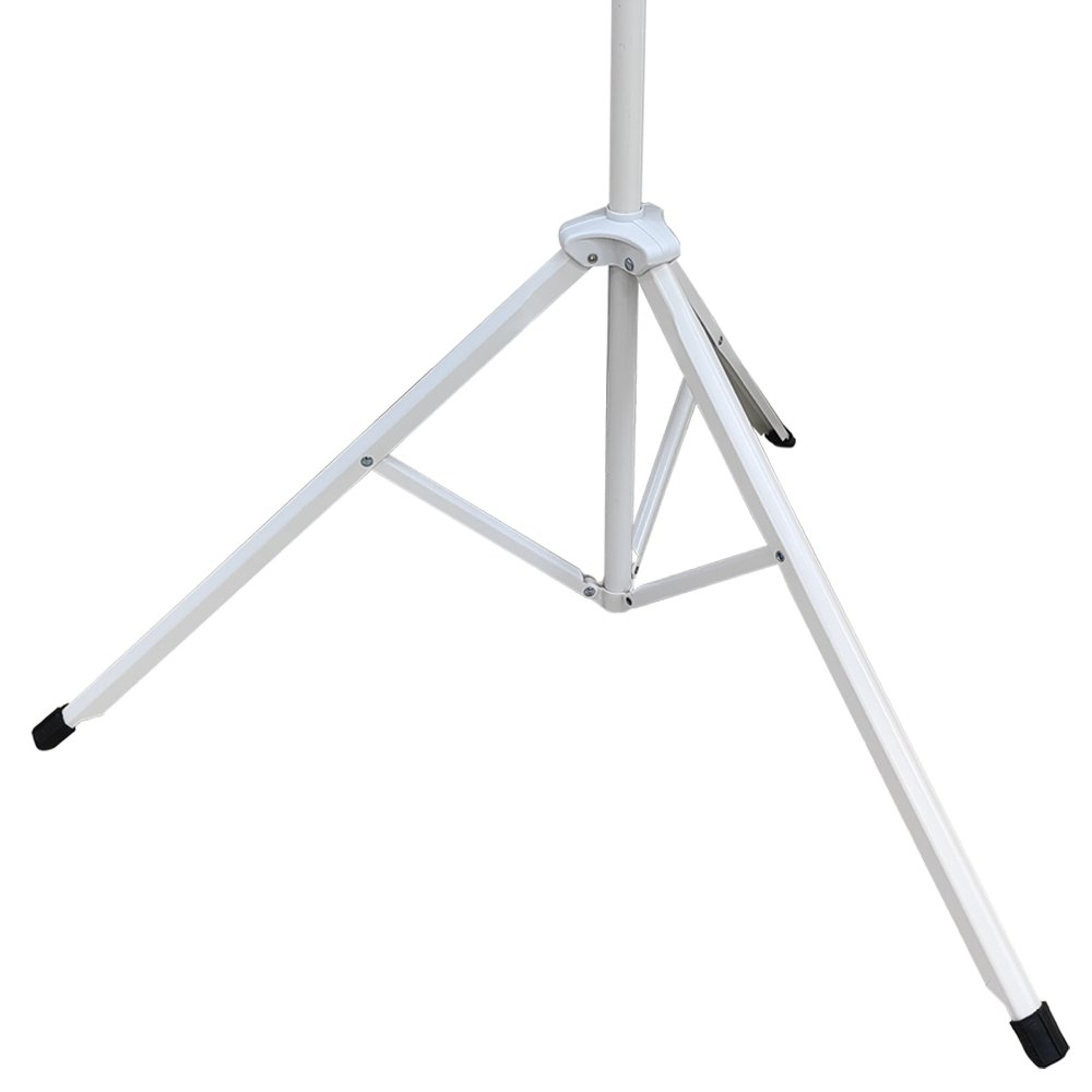 Biały statyw, nogi rozstawione, czarne gumowe nóżki. Na białym tle.