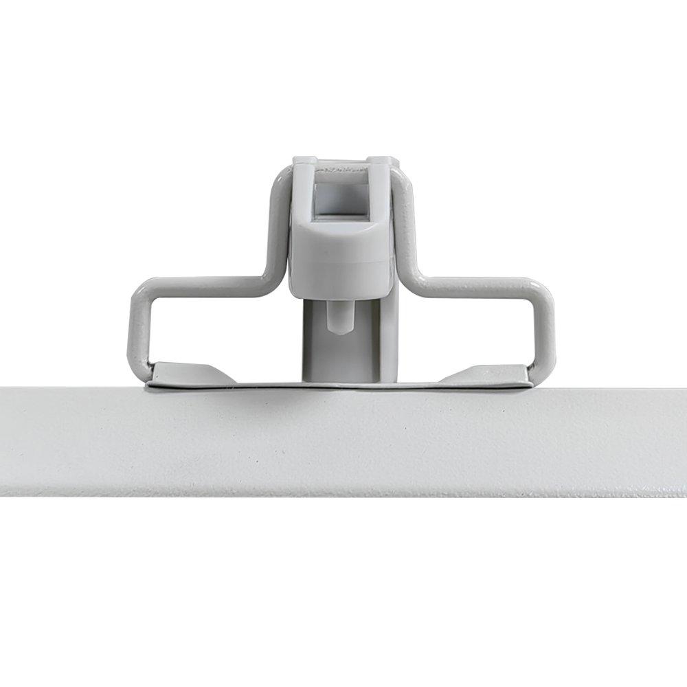 Biały klips metalowego pręta, widok z przodu, z klipsem pośrodku.