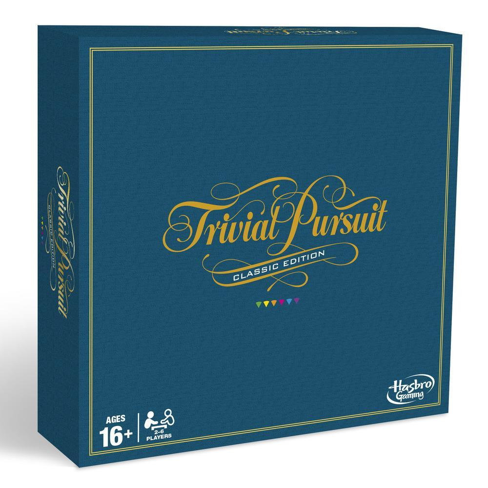 Caja del juego Trivial Pursuit. La caja es azul oscuro con letras doradas y triángulos coloridos abajo.