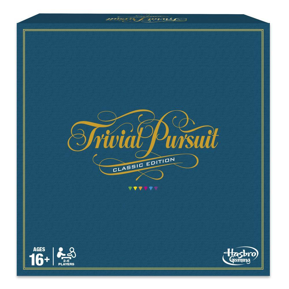 Caja del juego Trivial Pursuit. La caja es azul con letras doradas y triángulos coloridos abajo.