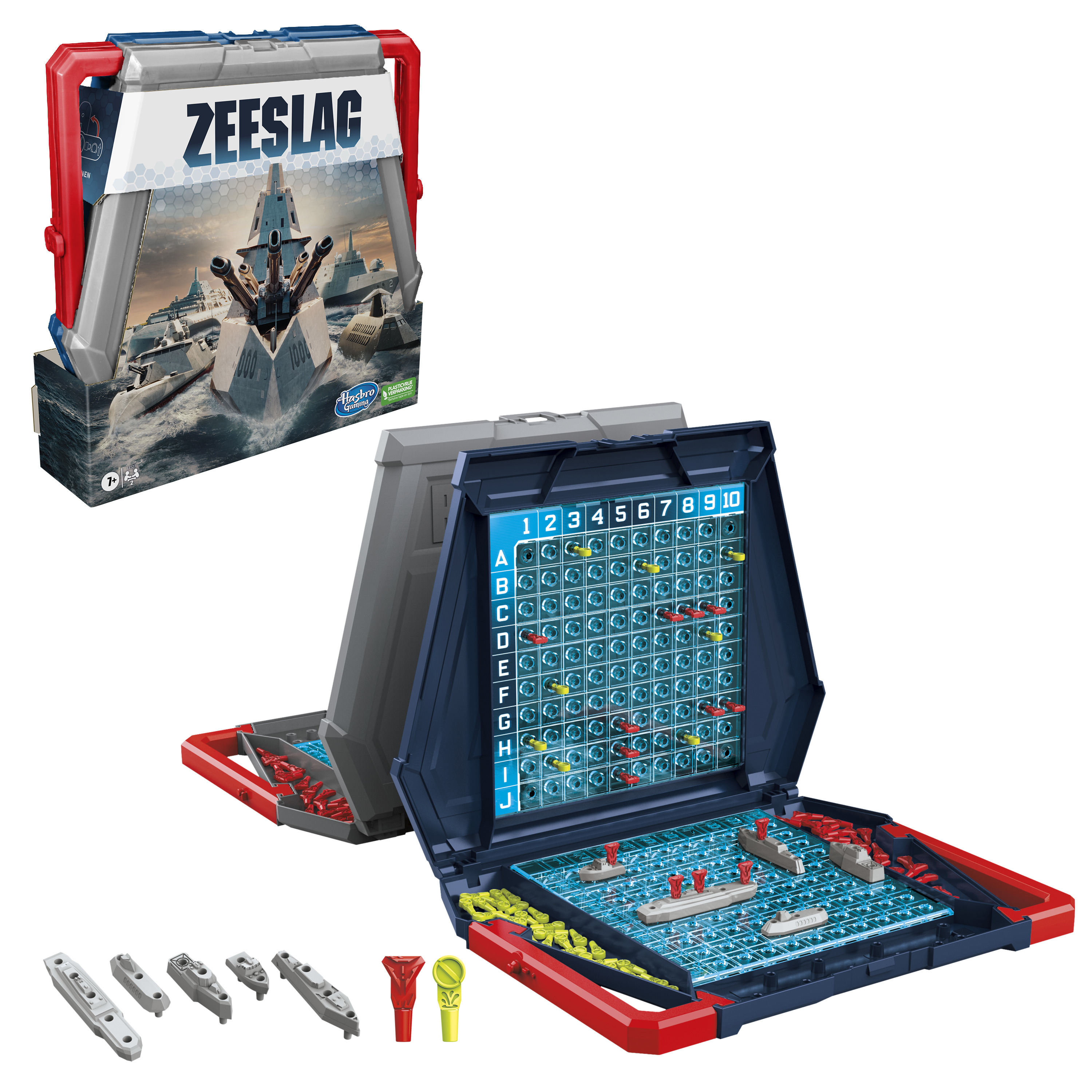 Zeeslag bordspel in een draagbare koffer. Twee open speelborden met schepen en pinnen. Witte achtergrond.