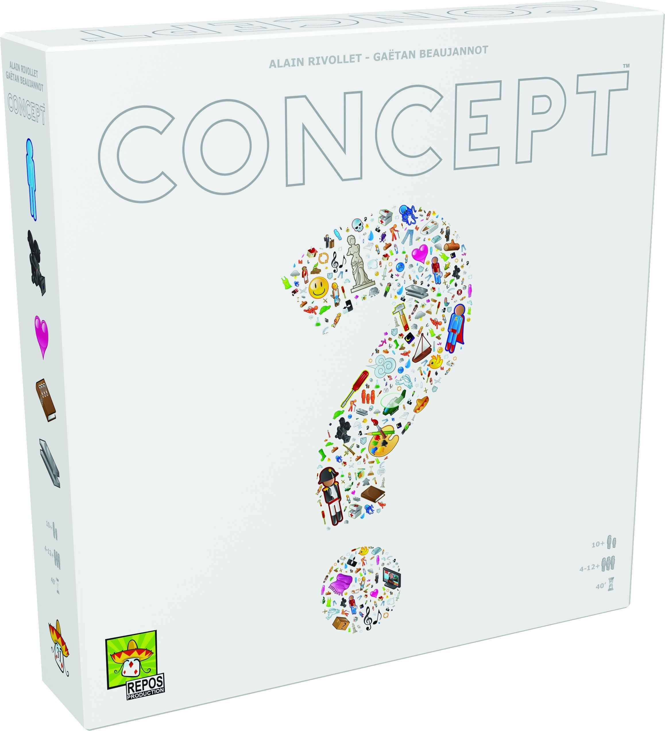 Boîte de jeu de société Concept avec un grand point d'interrogation fait de diverses icônes.