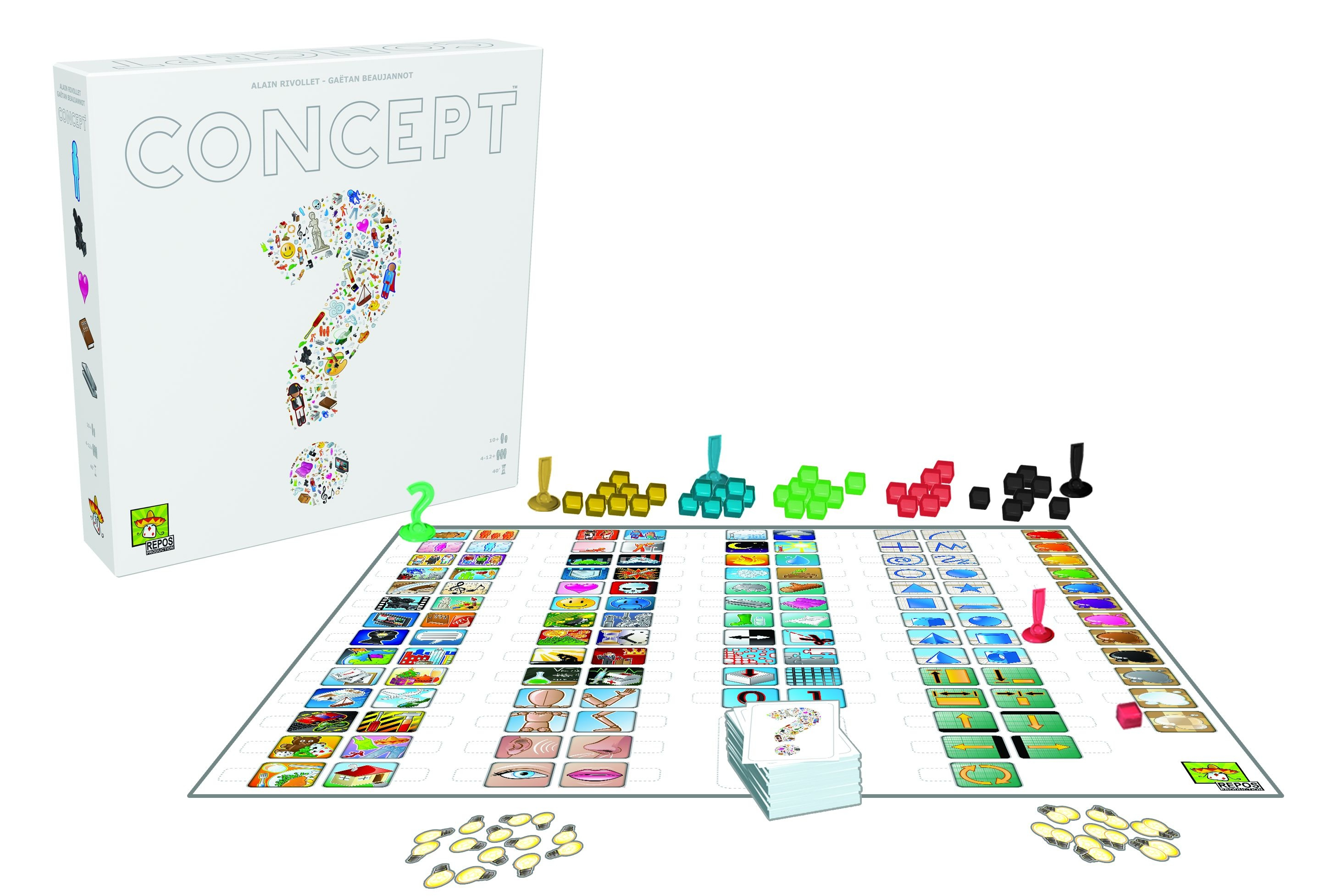 Jeu de société Concept avec des cartes d'icônes colorées et des pièces. Boîte et plateau blancs. Fond blanc.