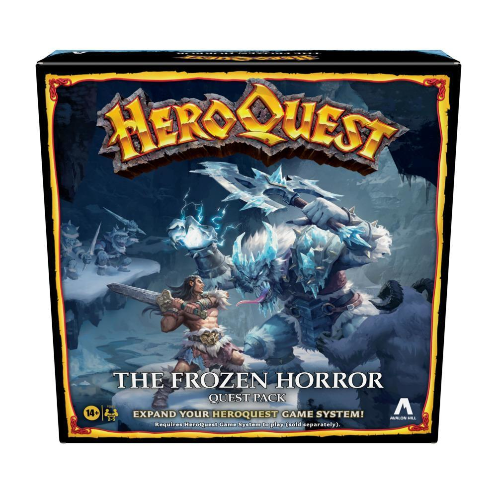 Ein Brettspiel 'HeroQuest: The Frozen Horror' in einer Schachtel mit einer Fantasy-Szene auf dem Deckel.