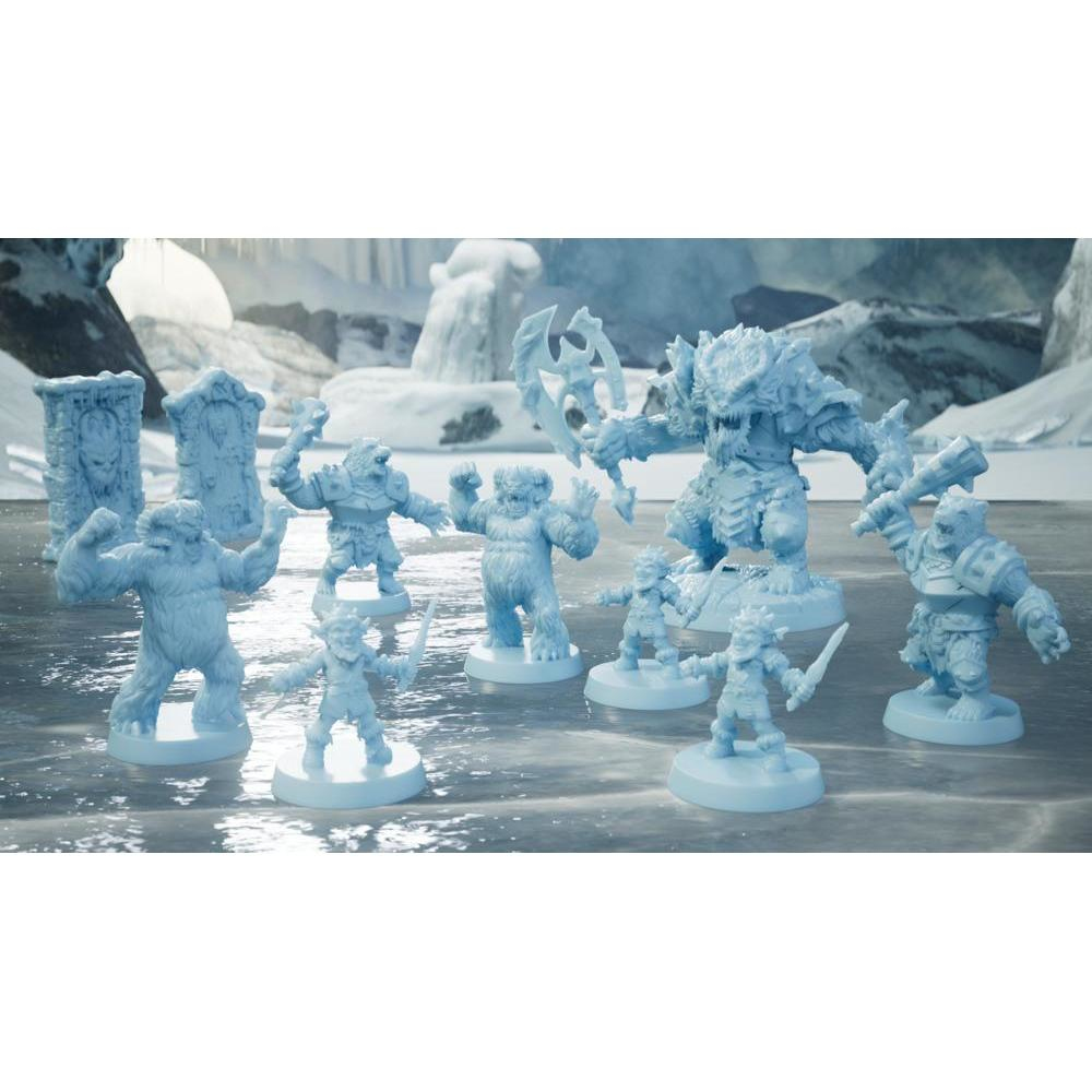 Figuren blauer Monster mit schneebedecktem Hintergrund. Einige Figuren halten Waffen.